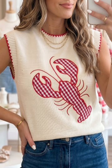 Beige Plaid Crawfish Crew Neck Knit Sweater Vest