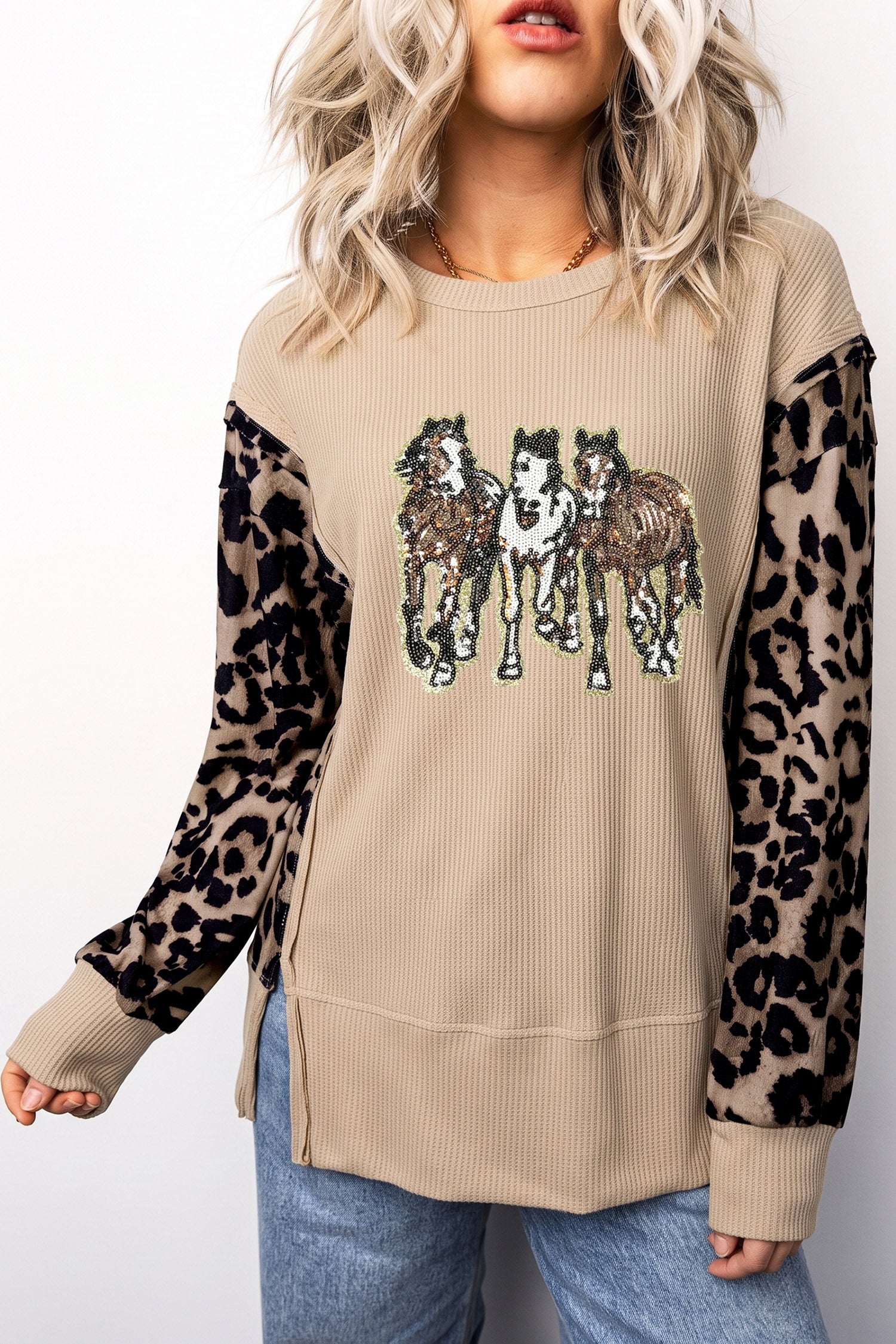 Gray Morn Sequined Western Horse Graphic Leopard Sleeve Patchwork Waffle Knit Top