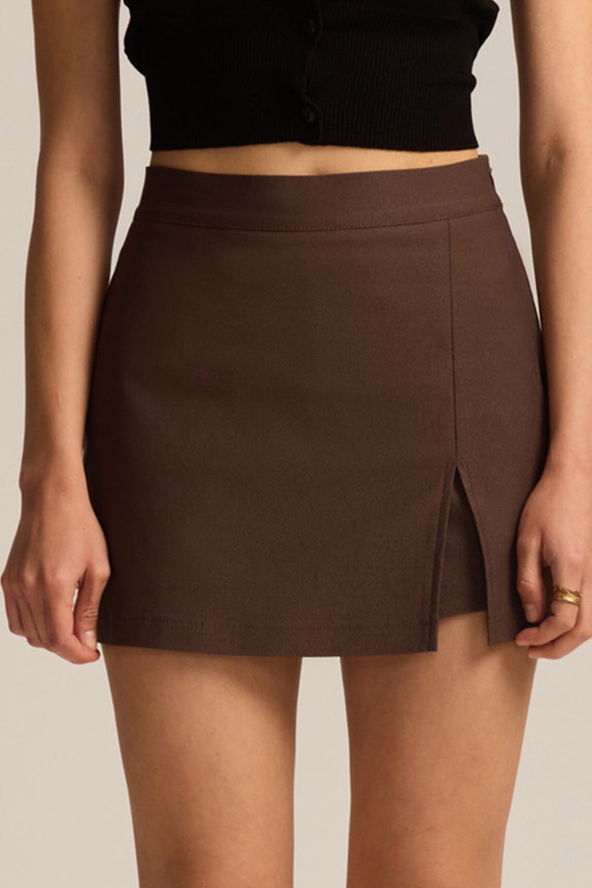 Coffee Solid High Waist Split Front Casual Skort
