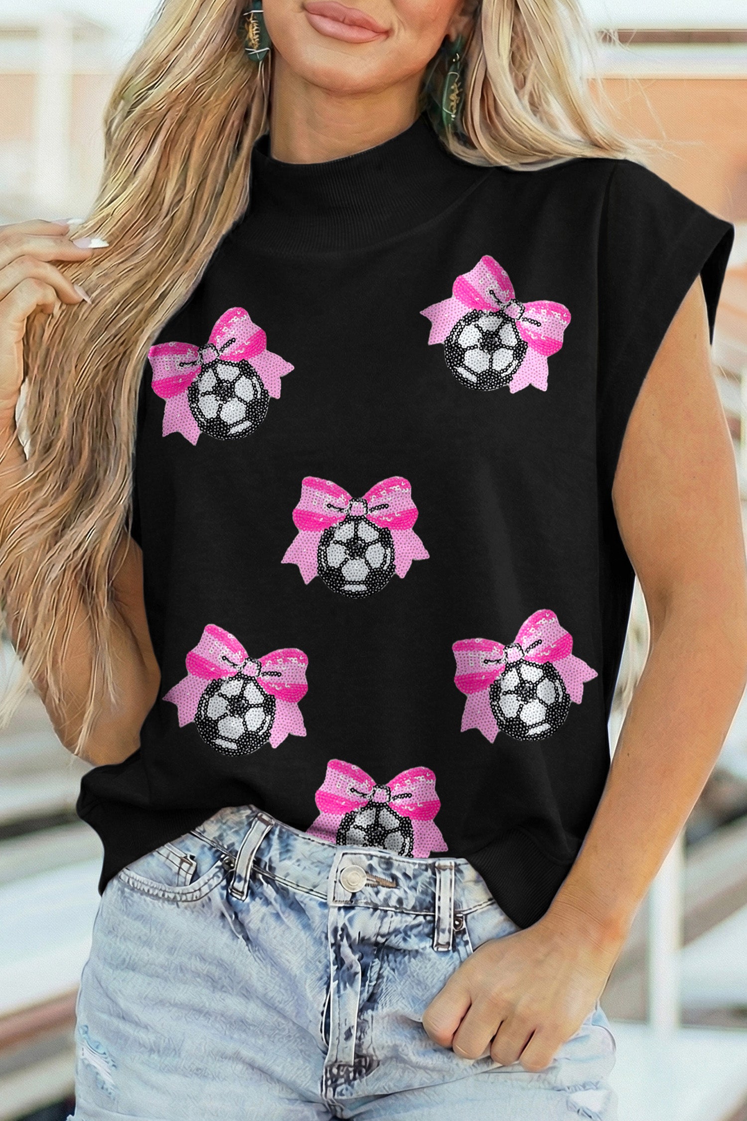 Black Sequin Bow Soccer Ball High Neck Short Sleeve Top