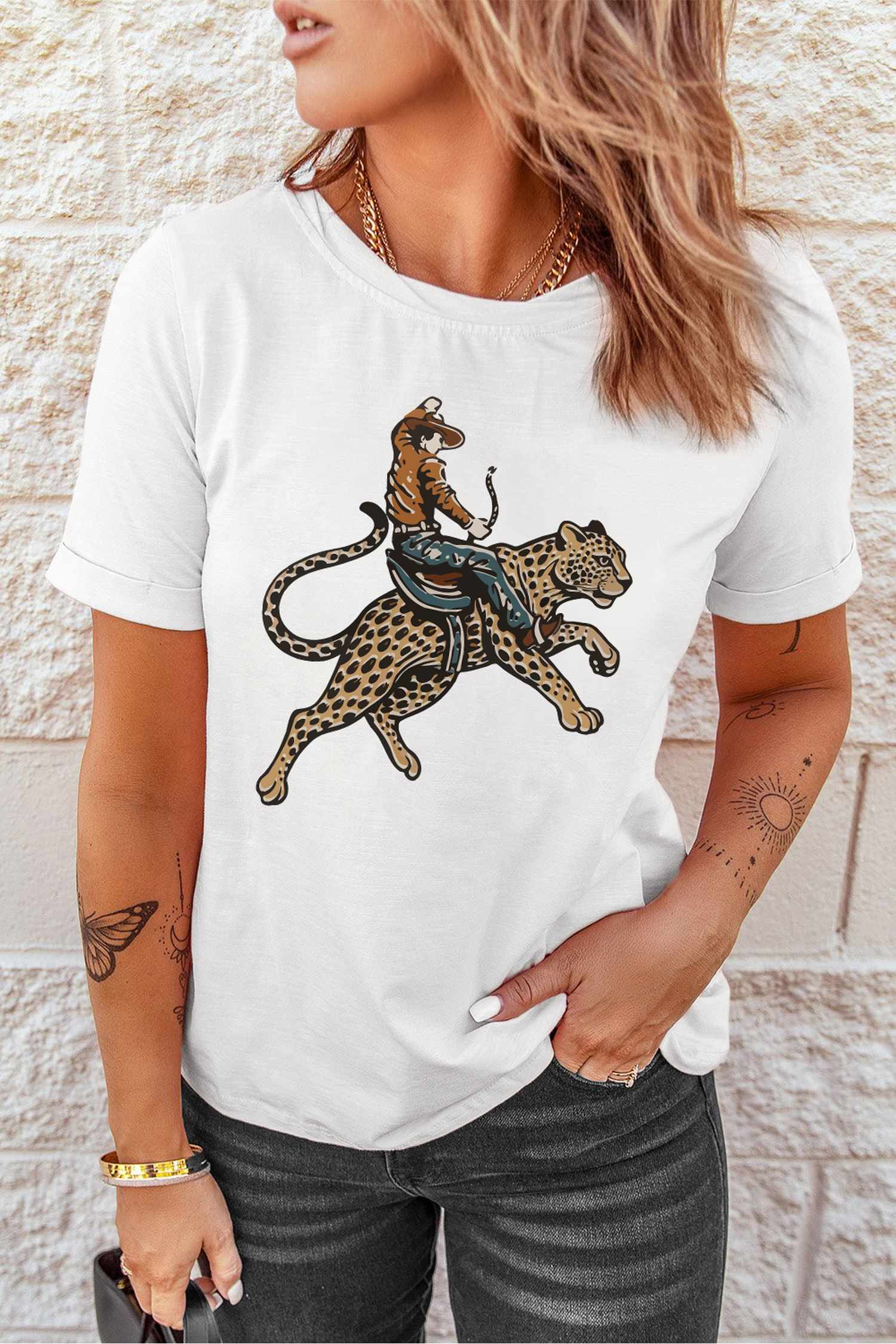 White Riding A Cheetah Cowboy Graphic Round Neck Casual Tee
