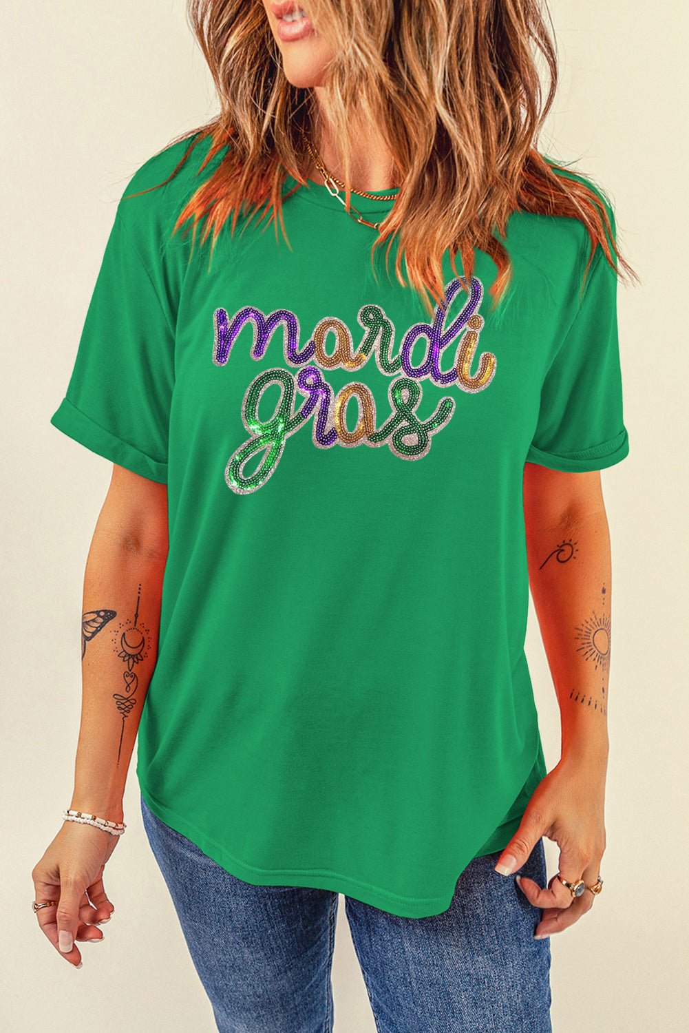 Bright Green Sequin mardi gras Graphic T Shirt