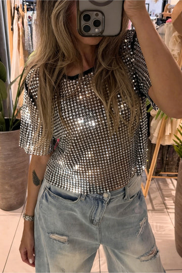 Color black Rhinestone Mesh Round Neck Raw Hem T Shirt