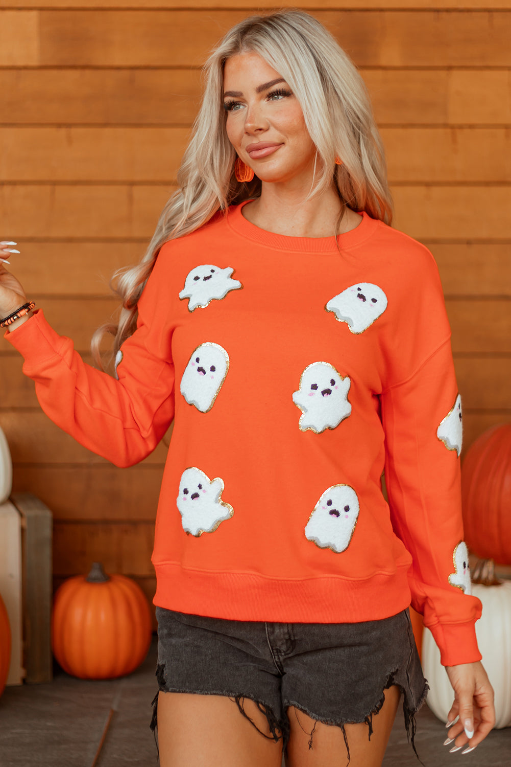 Orange Halloween Ghost Cute Patched Pattern Holiday Sweatshirt