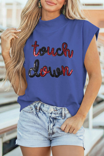 Sky Blue Touch Down Sequin Game Day Graphic High Neck Cap Sleeve Top