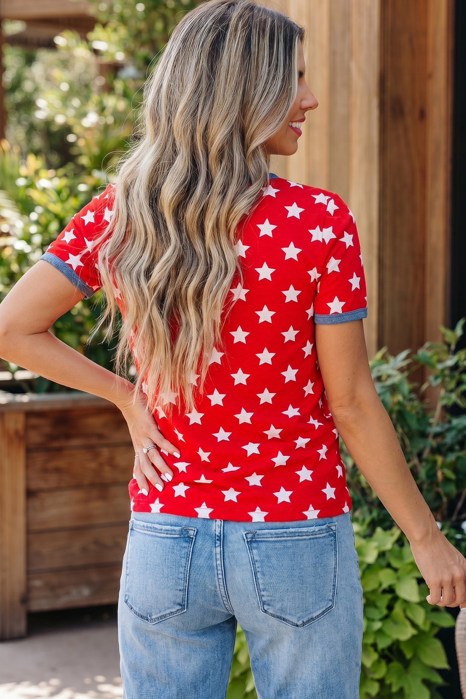 Red Stars Print Colorblock Binding Tape Collar Cuff Viscose Tunic Top