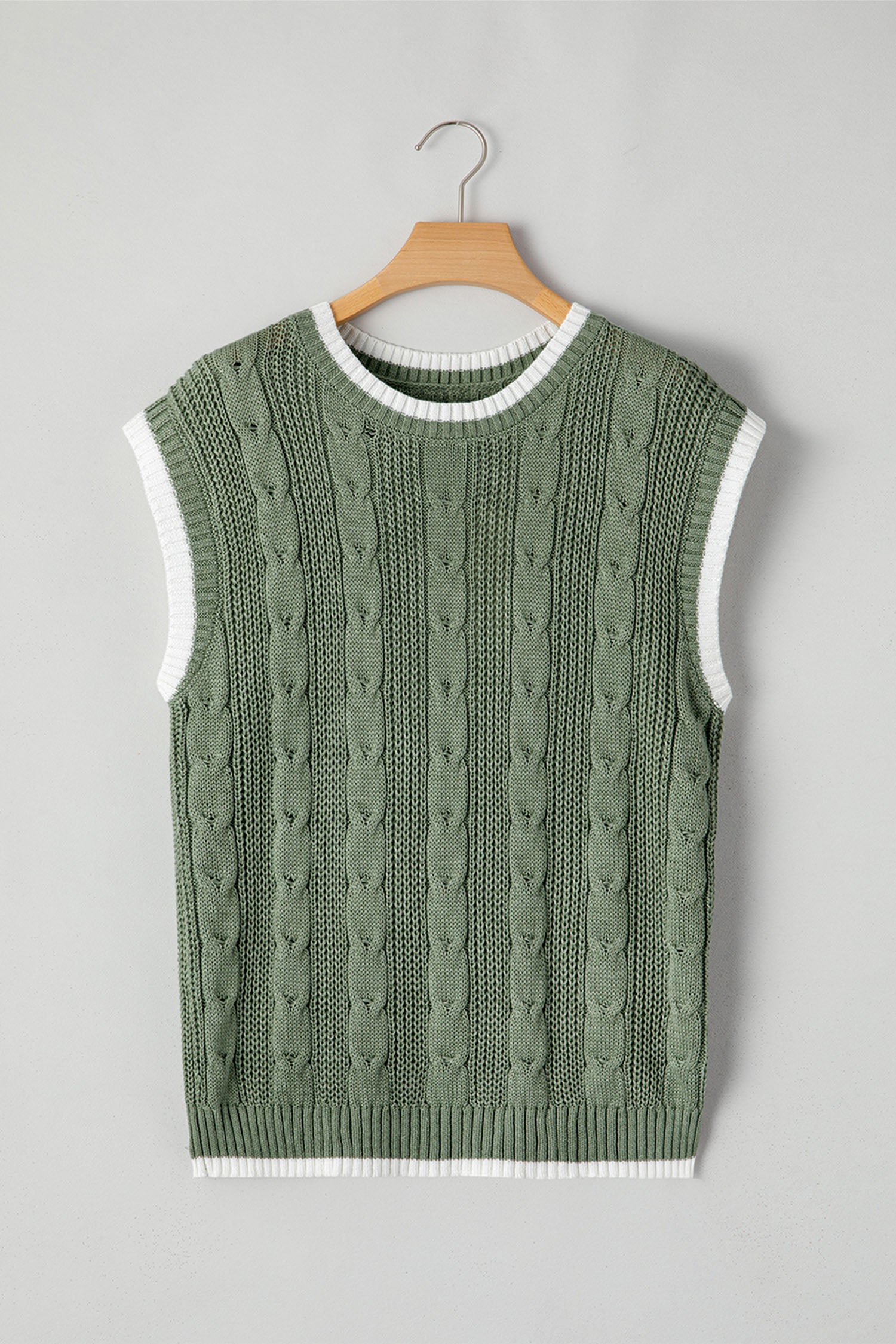 Smoke Green Cable Ribbed Knit Contrast Trim Loose Sweater Vest