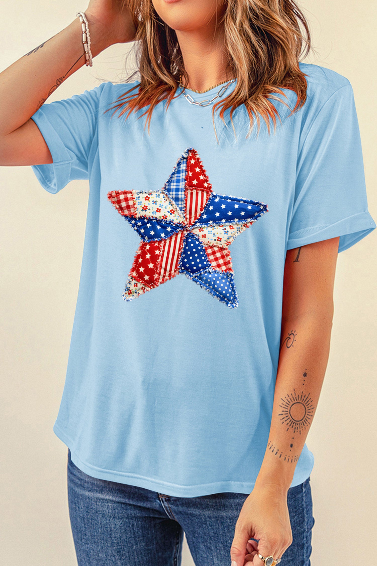 Light Blue Patriotic Patchwork Star Graphic T-Shirt