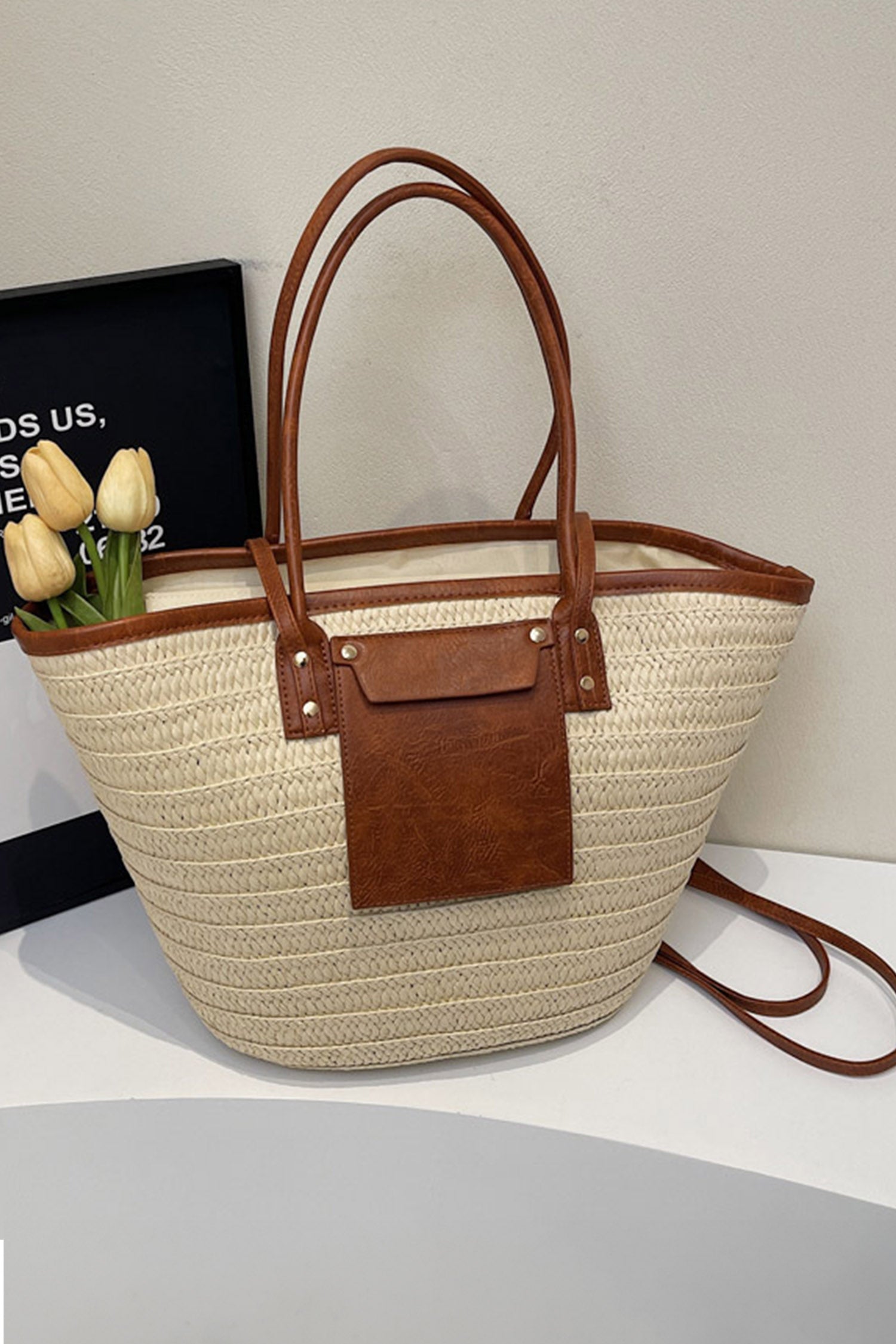 White Boho Straw Leather Accents Beach Travel Tote Bag