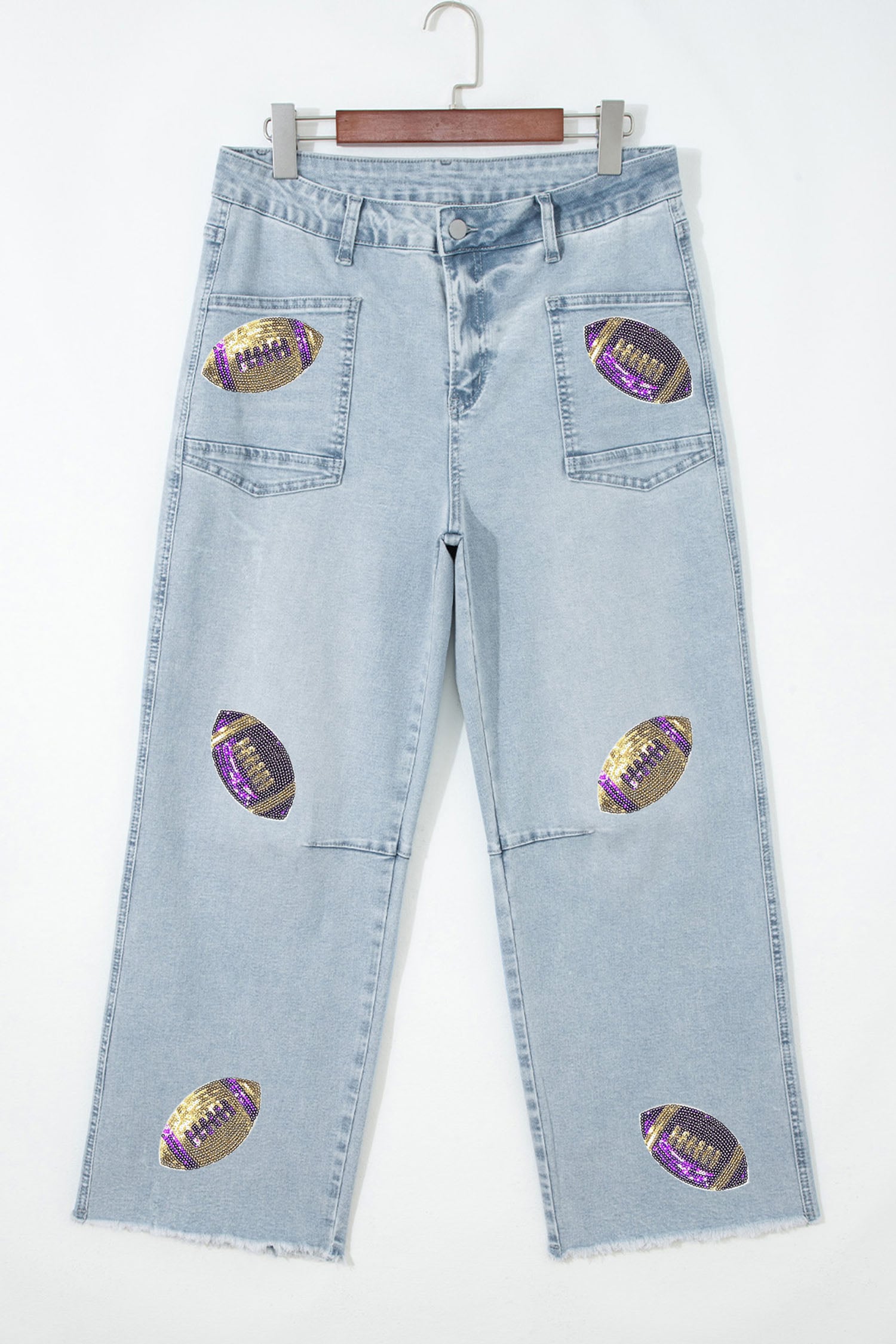 Beau Blue Sequin Rugby Patch Graphic Ankle Length Casual Jeans