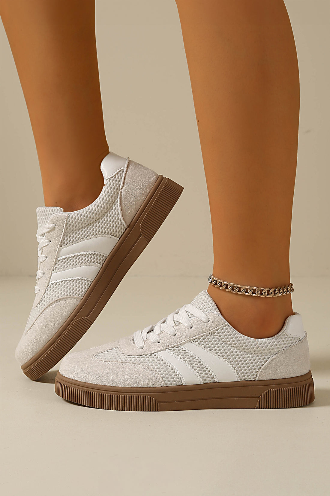 White Breathable Mesh Patchwork Lace Up Flat Shoes