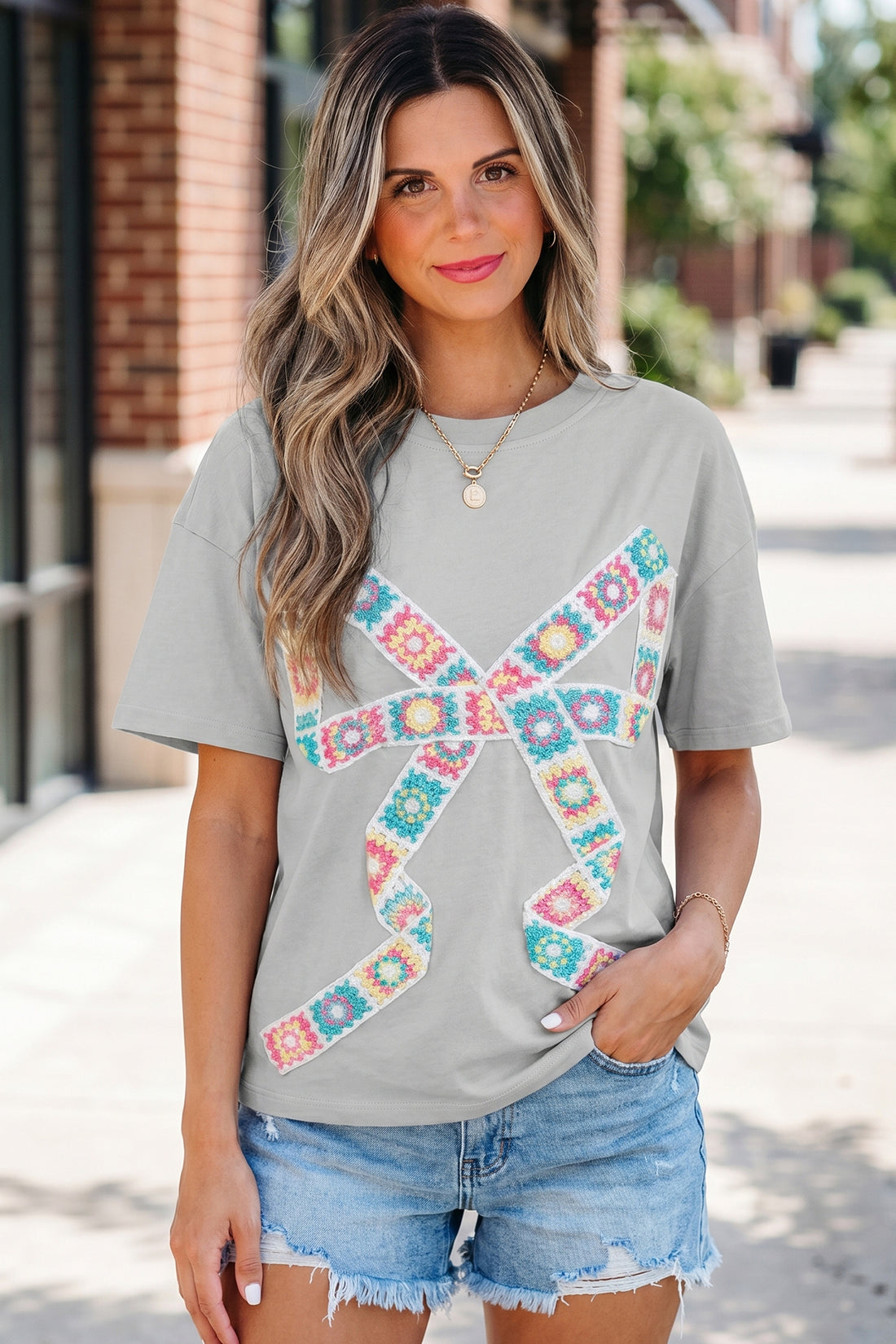 Light Grey Floral Crochet Ribbon Bow Patched Cotton T Shirt