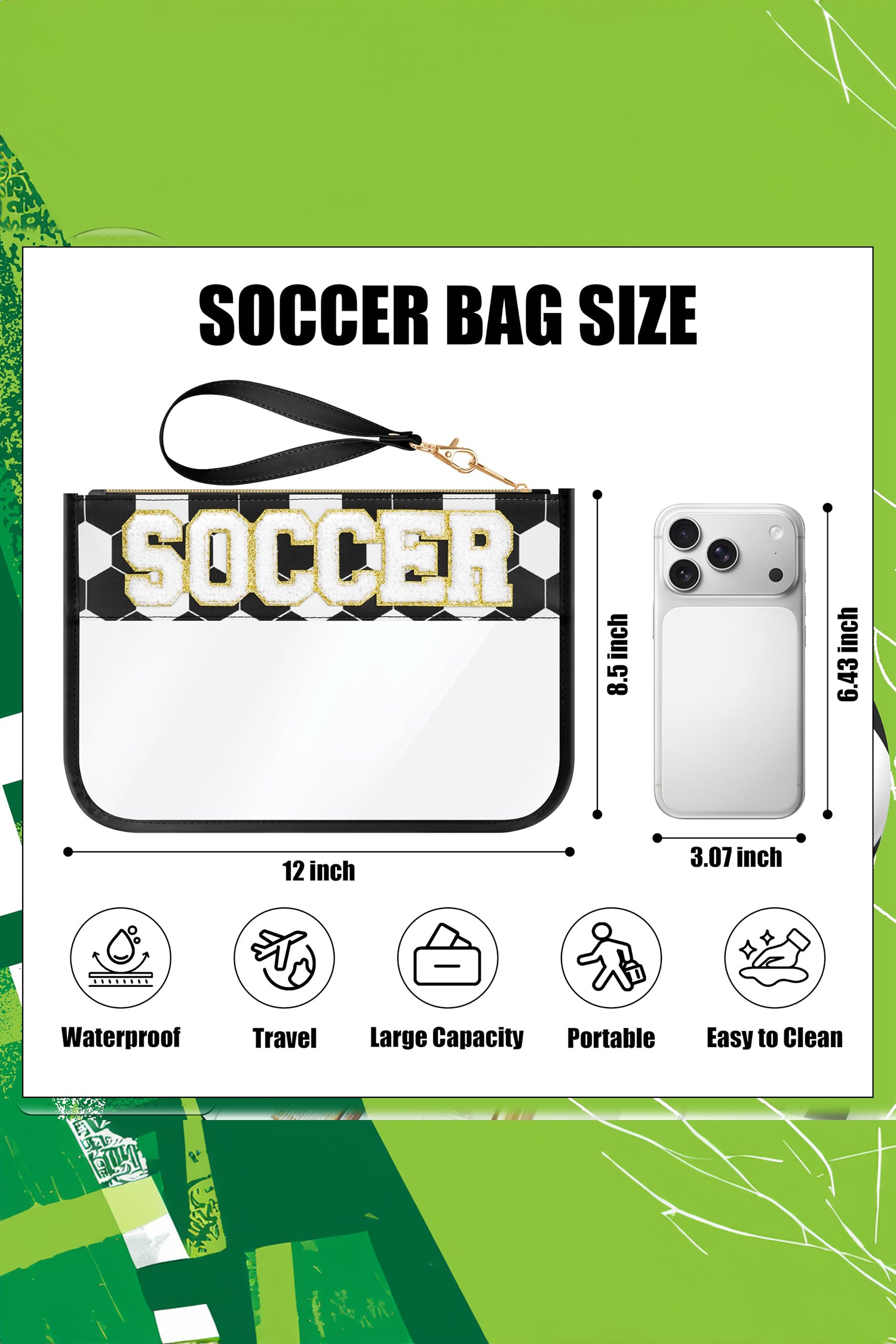 Color black SOCCER Chenille Letter Patch Game Day Stadium Clear PVC Cosmetic Bag