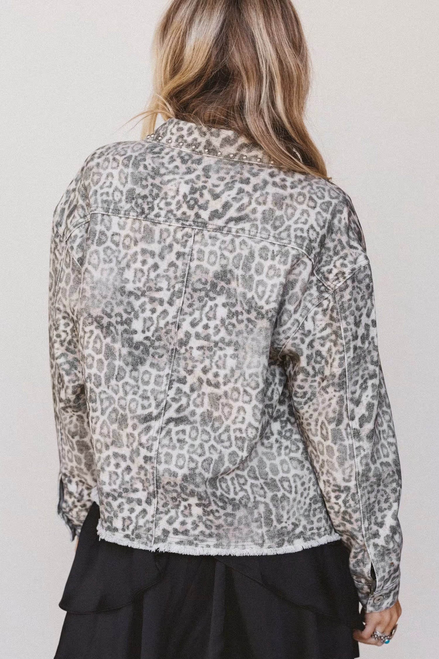 Khaki Leopard Print Studded Collar Studded Patch Pocket Denim Jacket