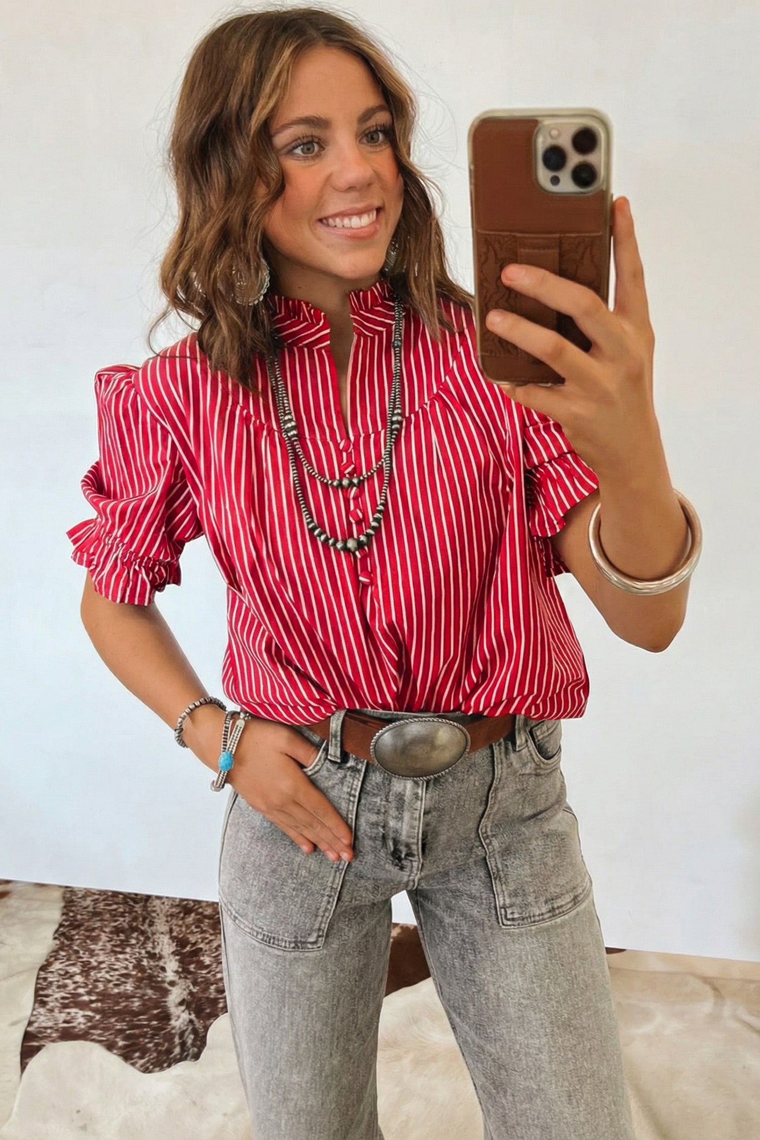 Red Stripe Ruffled Short Puff Sleeve Button Front Blouse