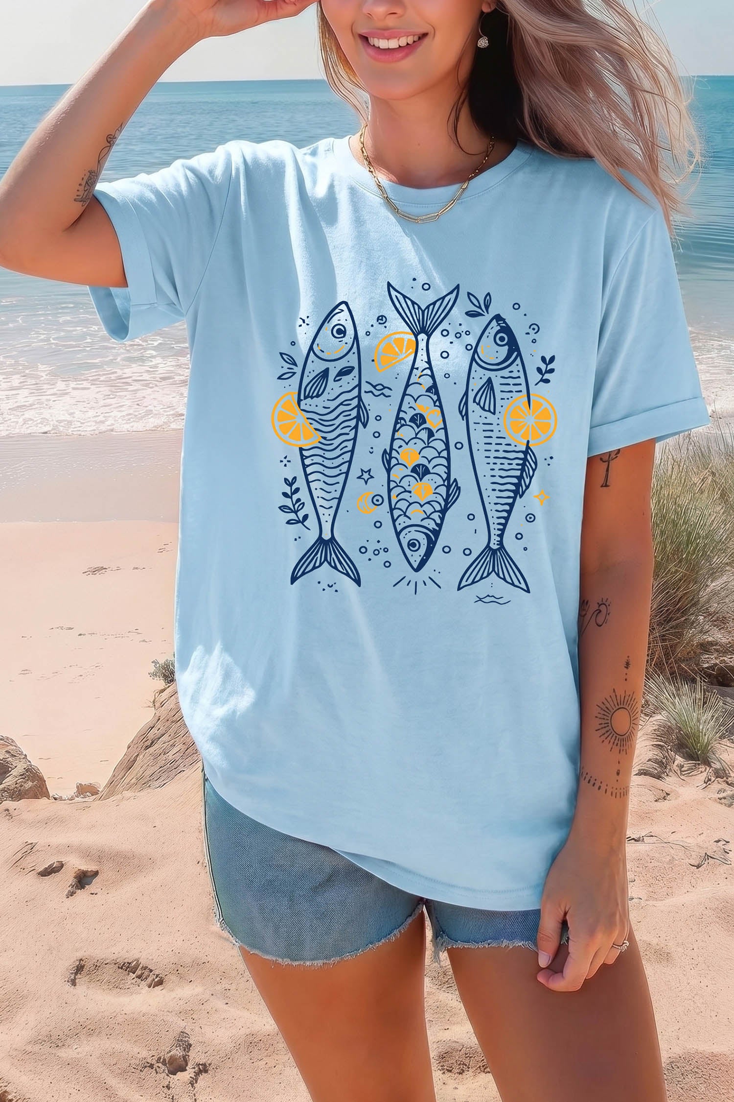 Light Blue Lemon Fishes Printed Loose T Shirt