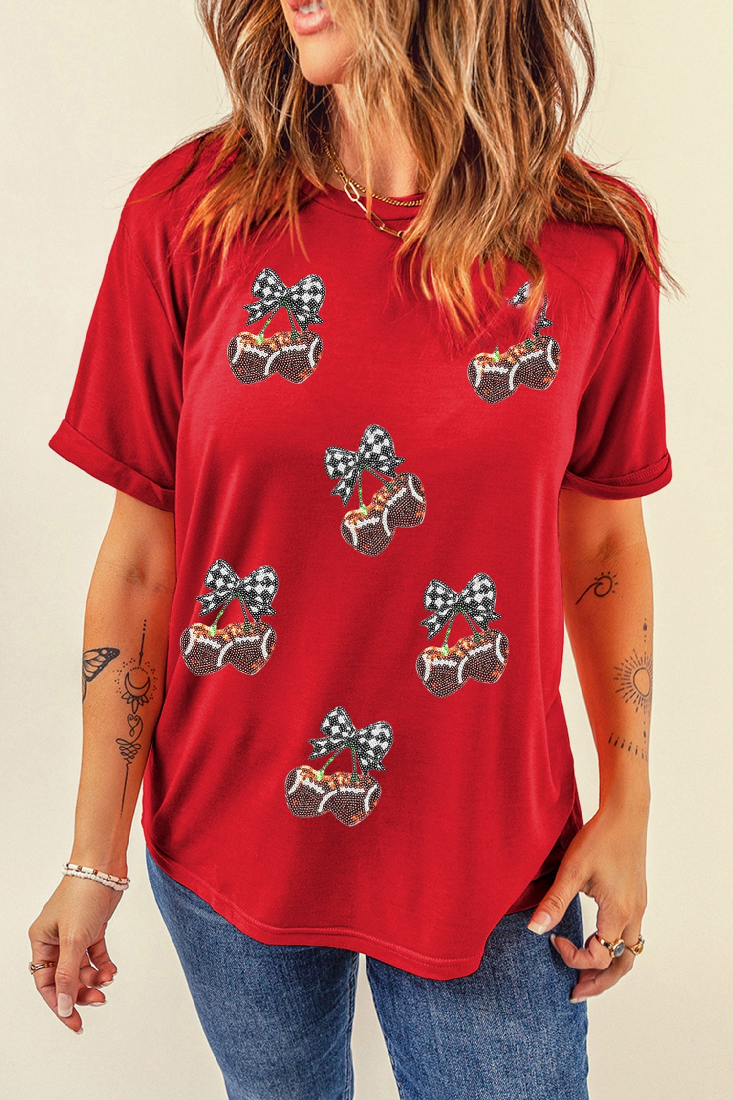 Red Sequined Cherry Bow Short Sleeve Round Neck T Shirt
