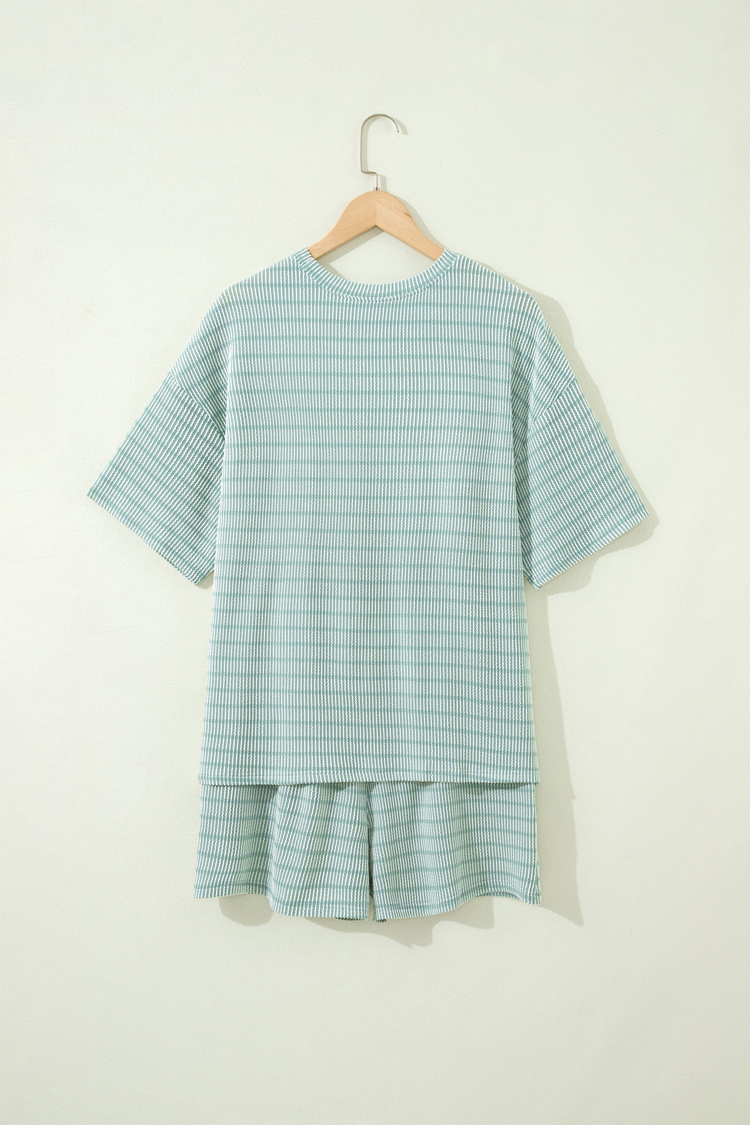 Green Stripe Raised Rib Loose Tee Drawstring Elastic Waist 2pcs Short Set