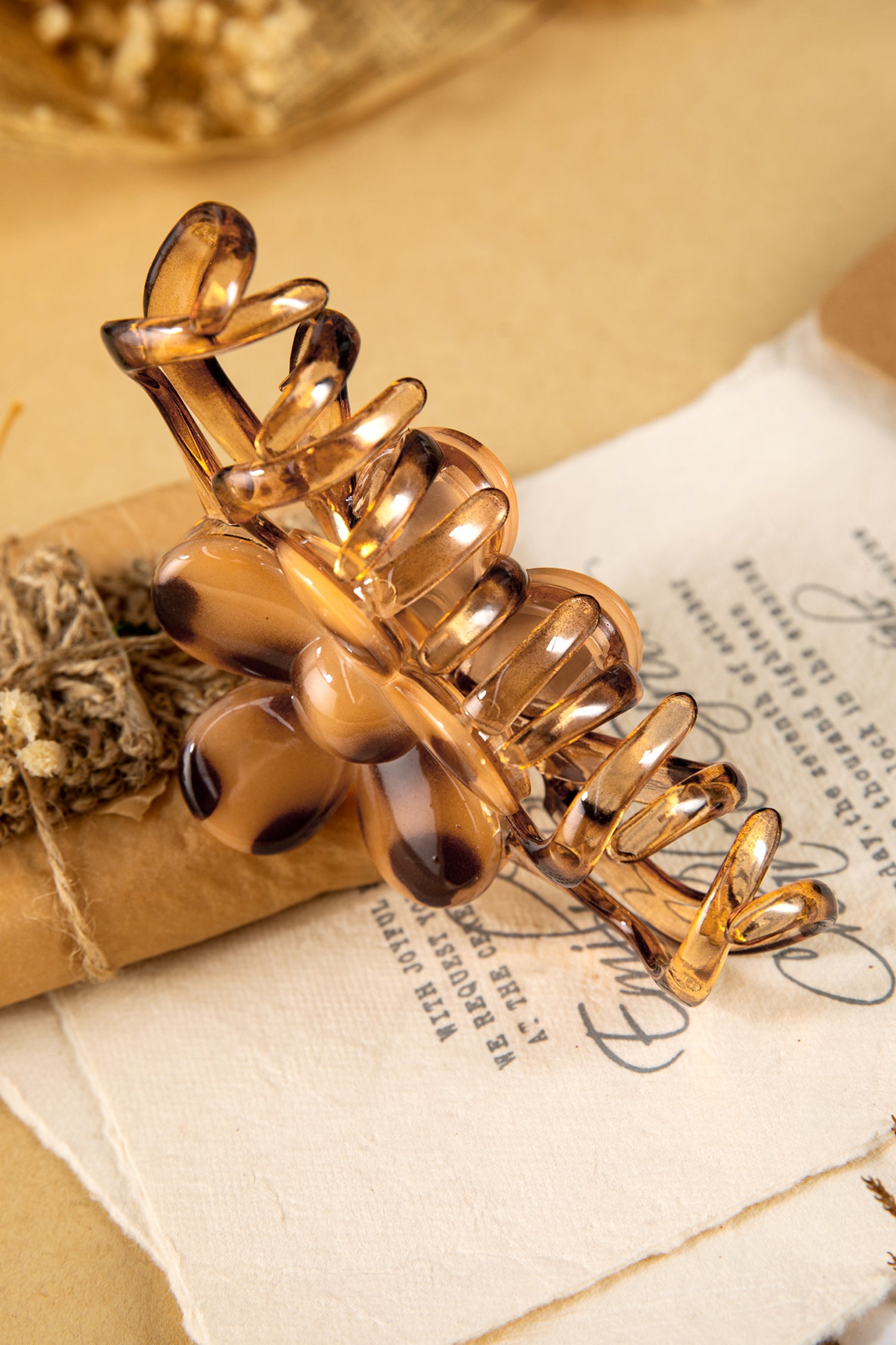 Thai Curry Amber Leopard Resin Flower Hair Claw Clip