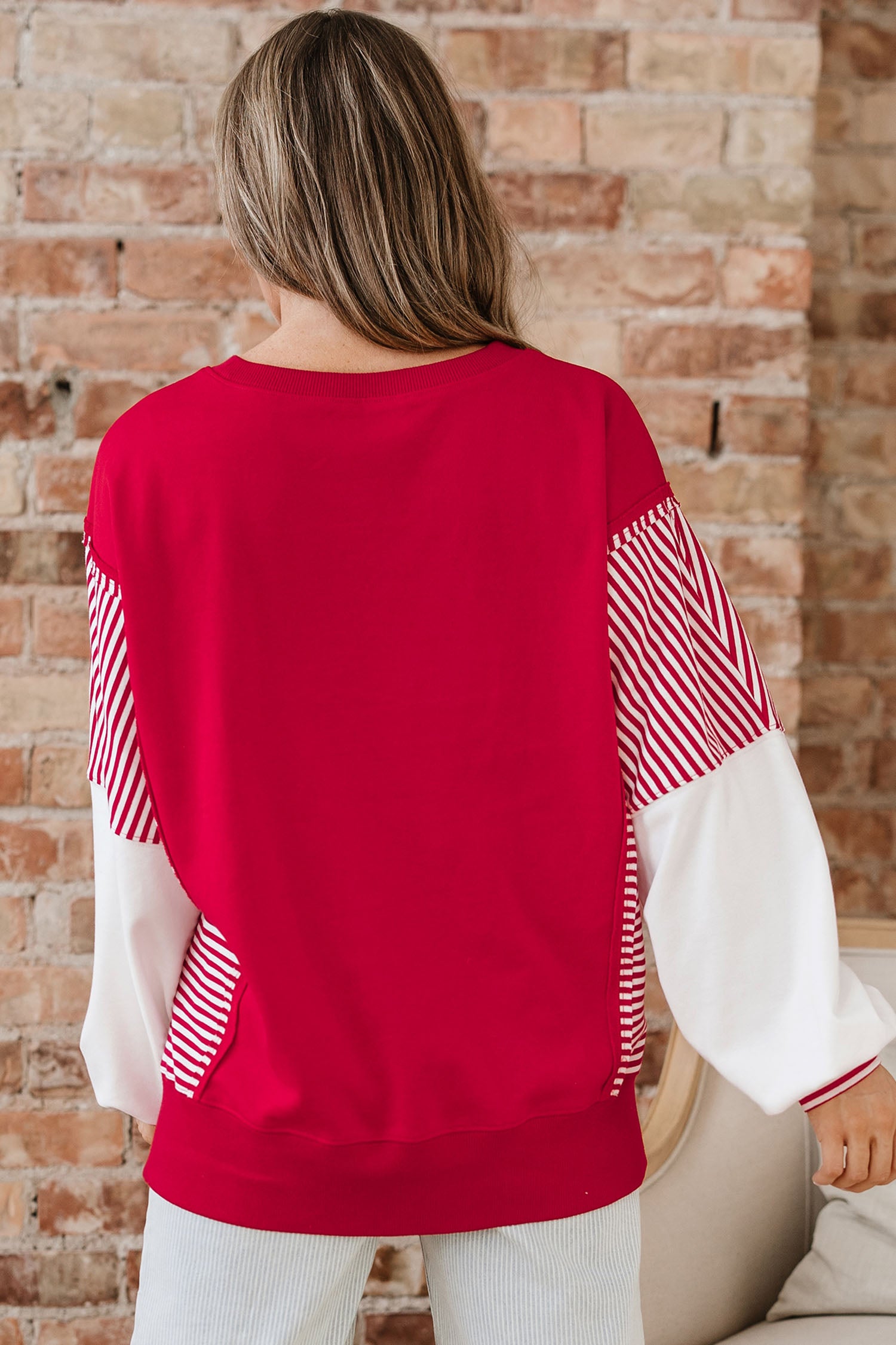Fiery Red Valentines Day Slogan Sequin Heart Graphic Striped Color Block Patchwork Sweatshirt