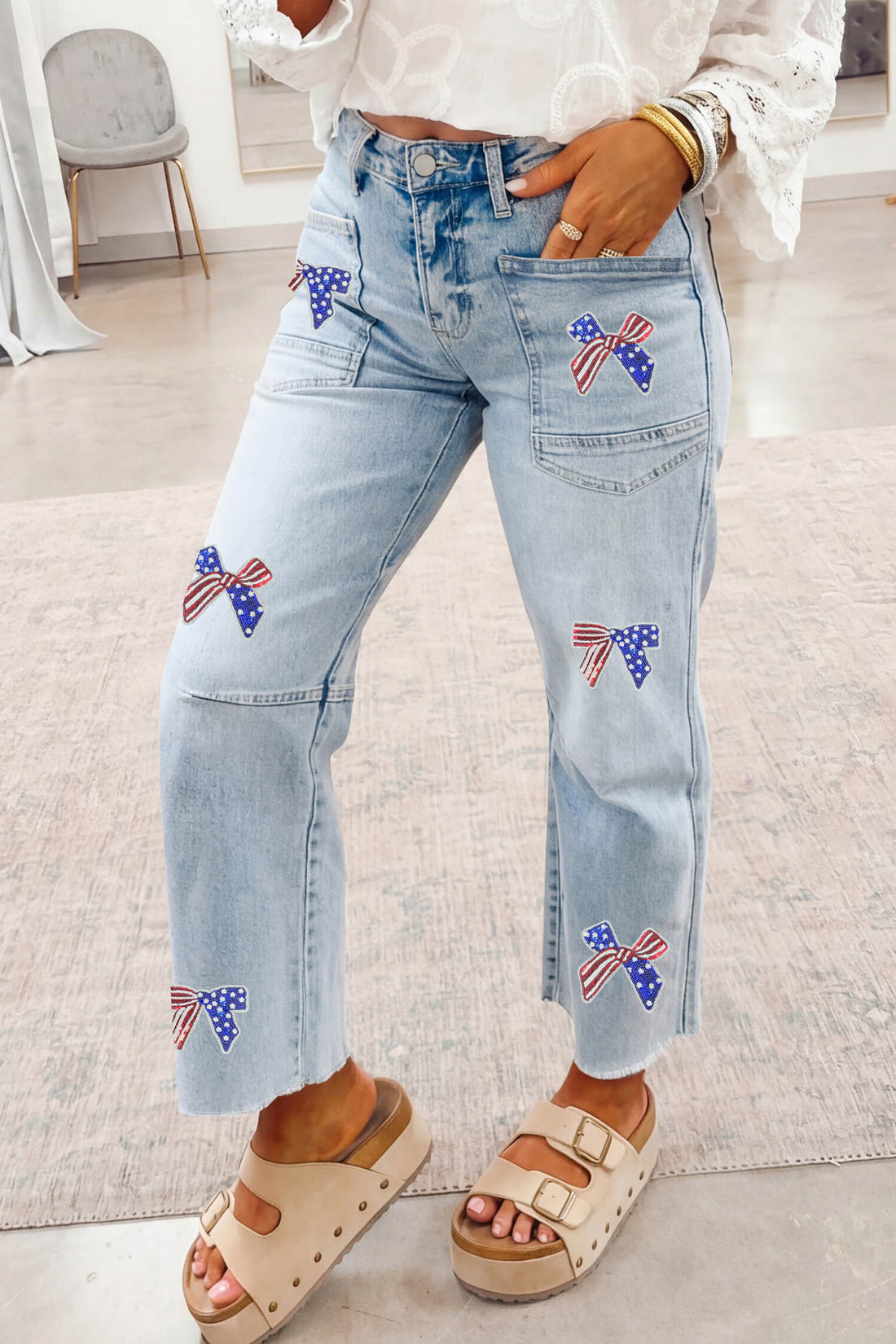 Beau Blue Patriotic Sequin Bow Patched Ankle-Length Shift Jeans