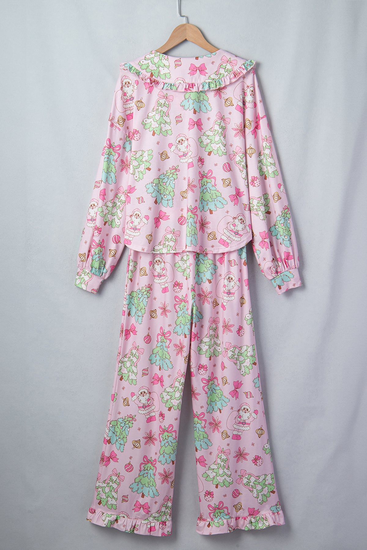 Pink Christmas Print Button Front Long Sleeve Lounge Set