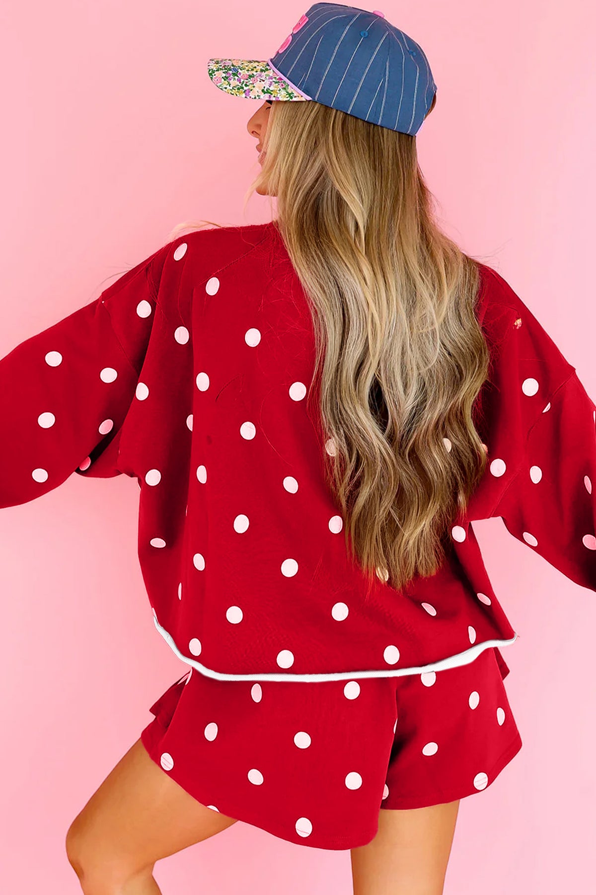 Red Polka Dot Raw Hem Relaxed Pullover Loose Skort Two Piece Set