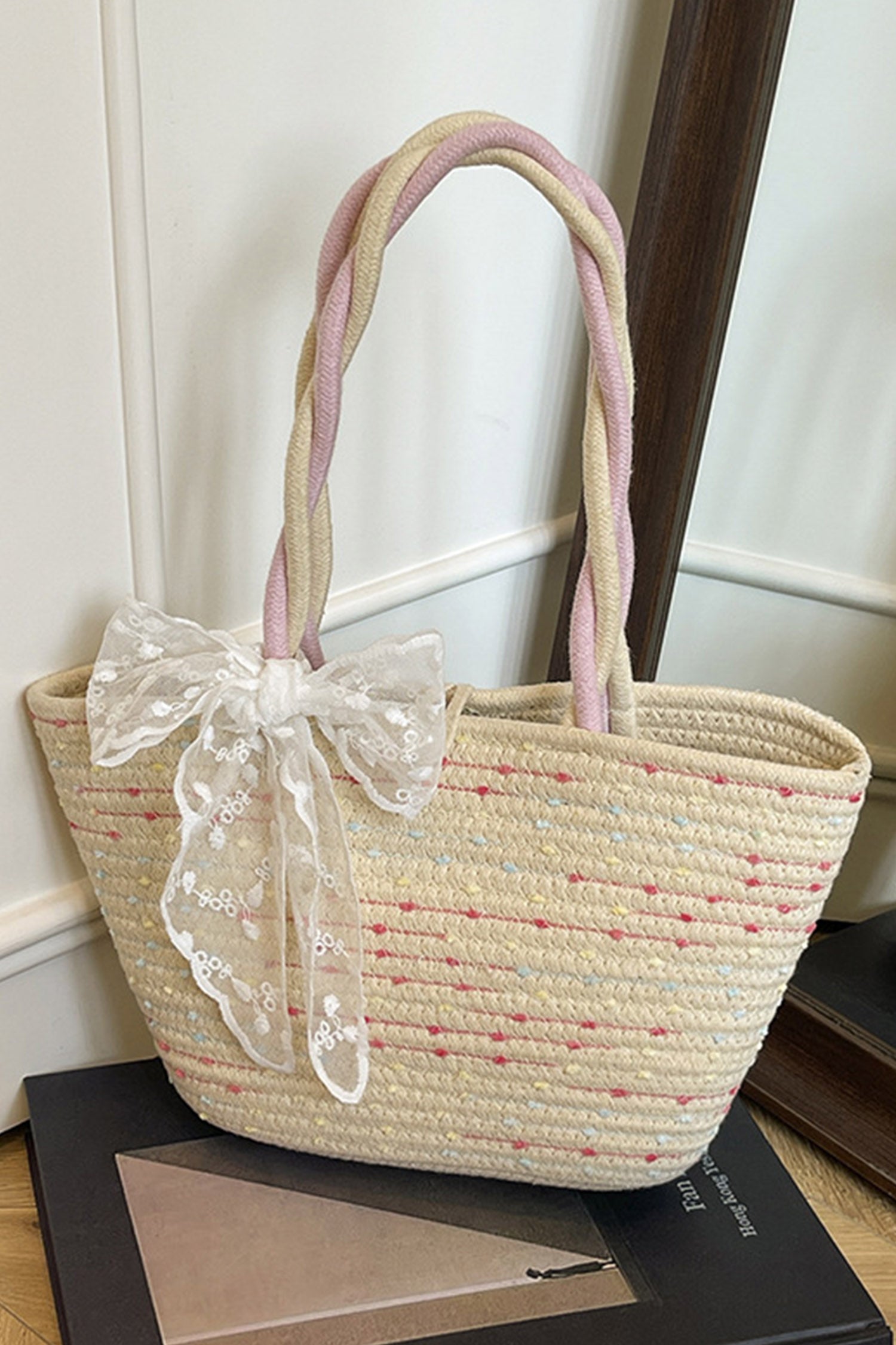 Parchment Boho Style Lace Bow Detail Handcrafted Straw Tote Bag