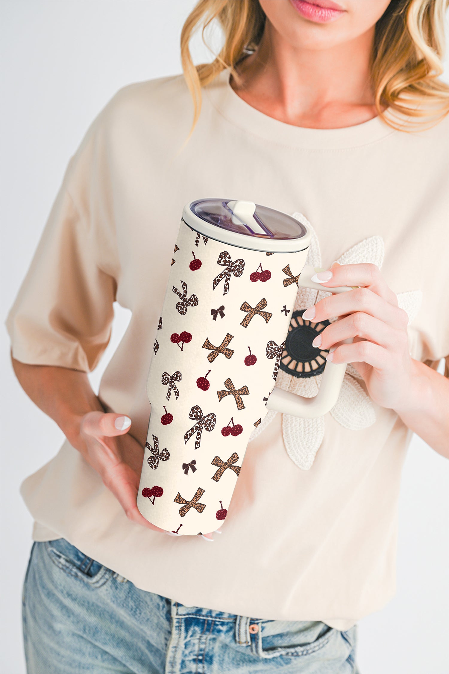 White Leopard Cheery Bow Printed Single Handle Flip Straw Travel Cup