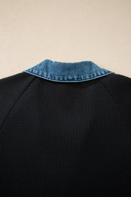 Black Waffle Knit Denim Contrast Trim Patchwork Button Polo Tee Dress