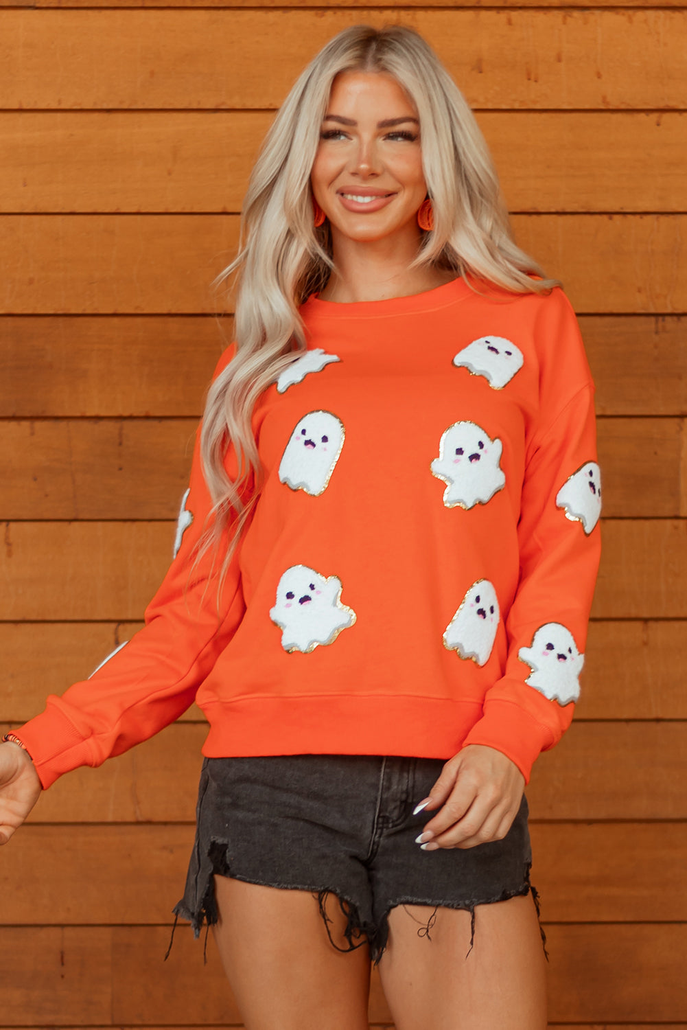 Orange Halloween Ghost Cute Patched Pattern Holiday Sweatshirt
