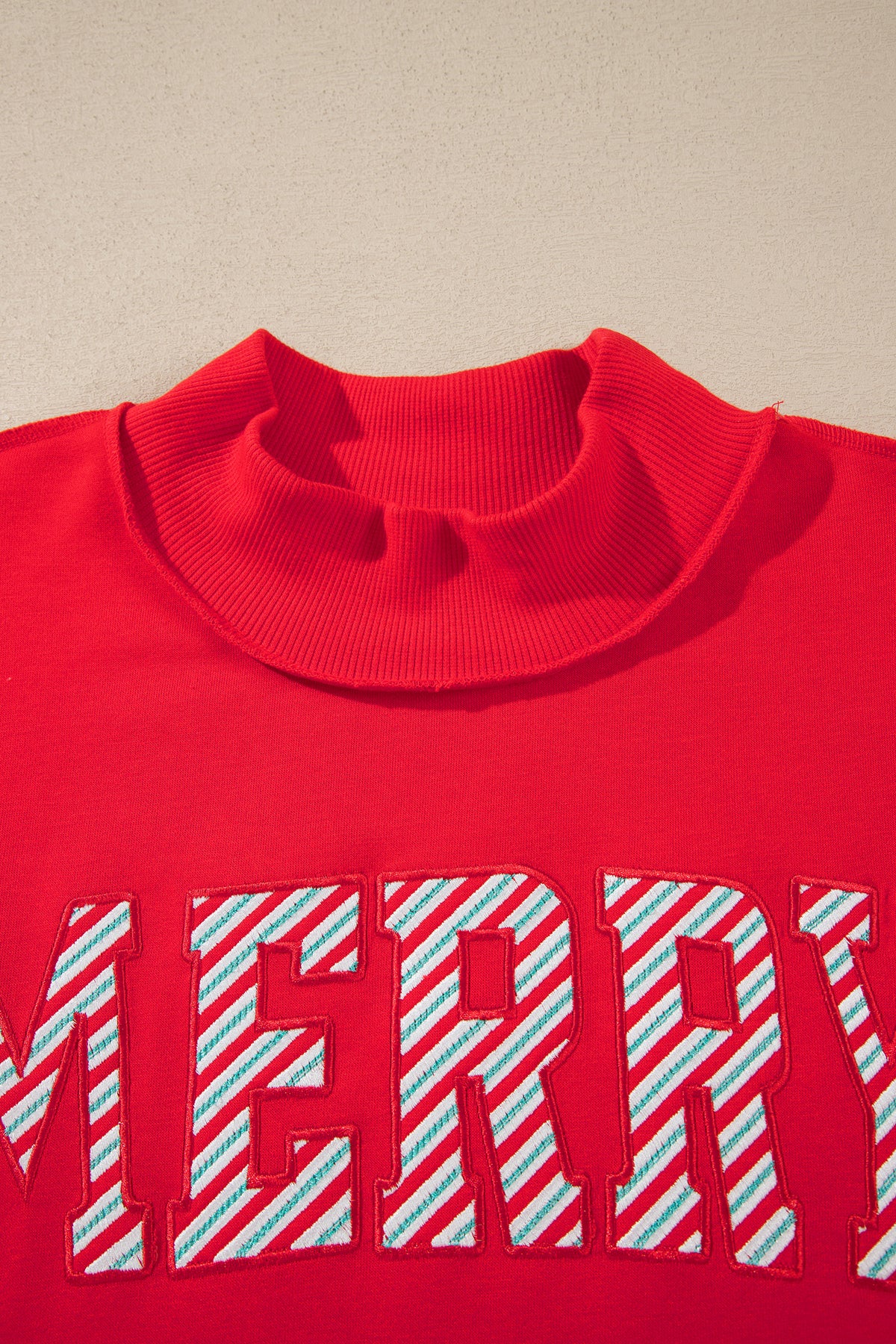 Fiery Red Embroidered Merry Slogan Stand Neck Long Sleeve Shift Sweatshirt