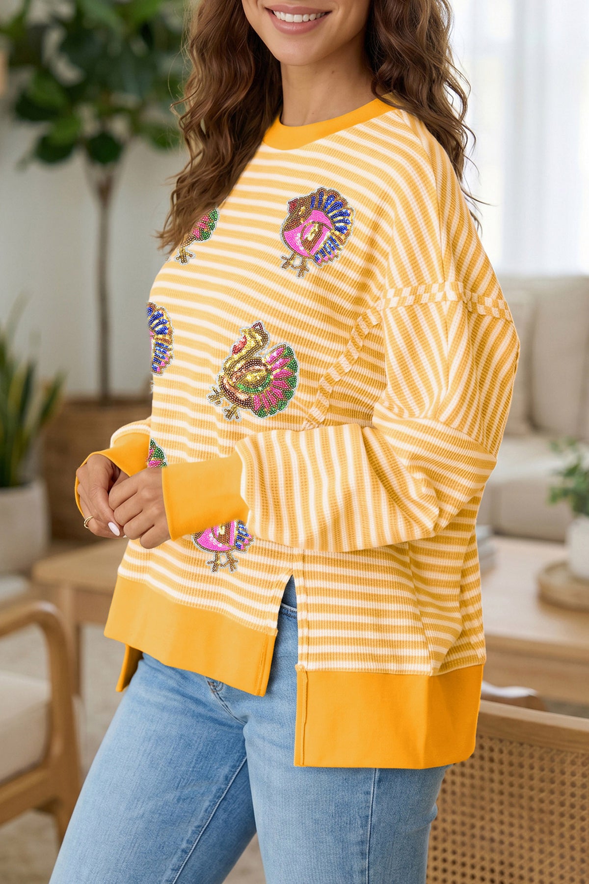 Khaki Stripe Sequin Turkey Graphic Split Hem Long Sleeve Relaxed Top