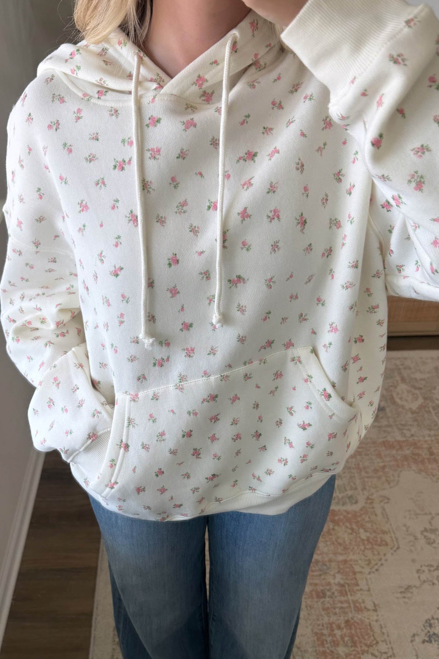 White Floral Print Ribbing Drawstring Hem Long Sleeve Hoodie