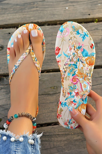 Yellow Floral Print Braided Strap Flip Flops