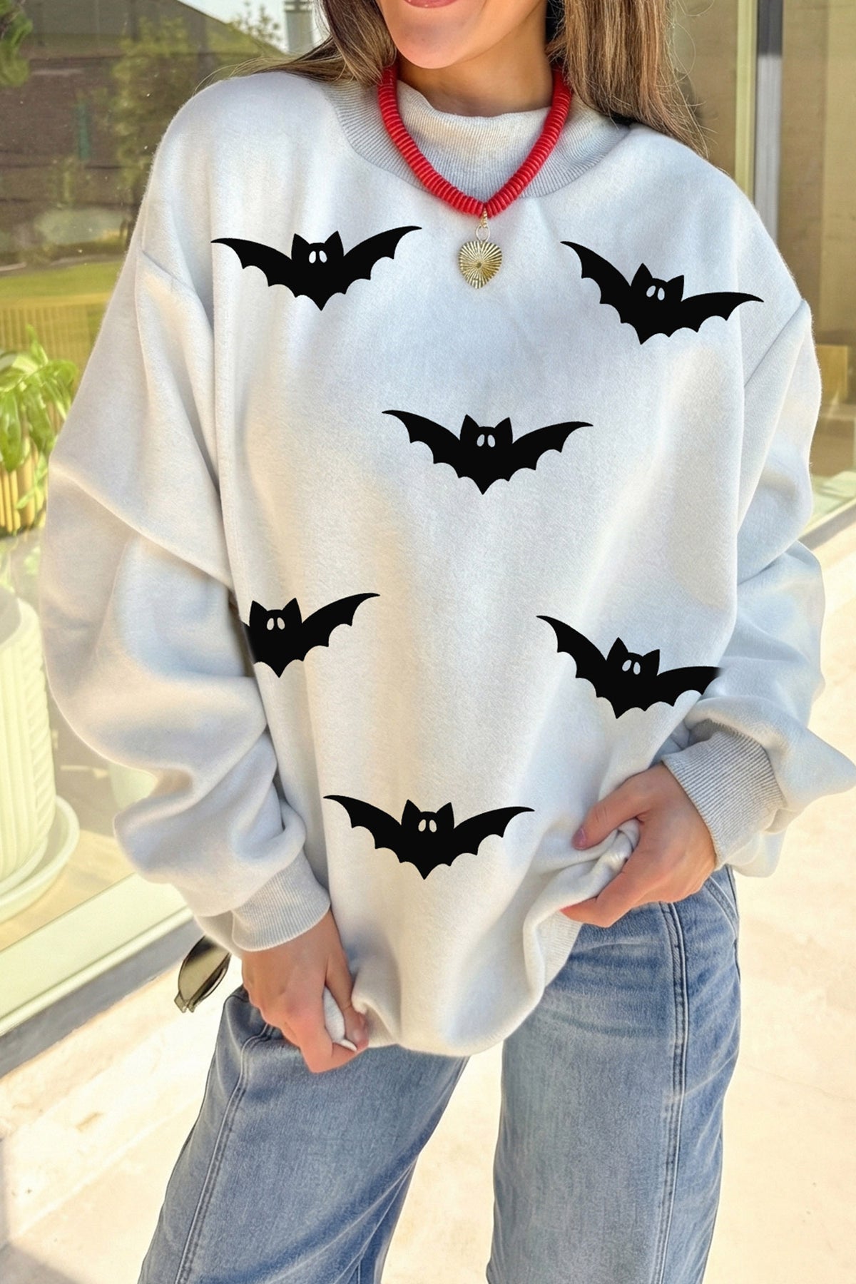 Light Grey BOO/ Halloween Bat Printed Reversible Mock Neck Pullover Sweatshirt