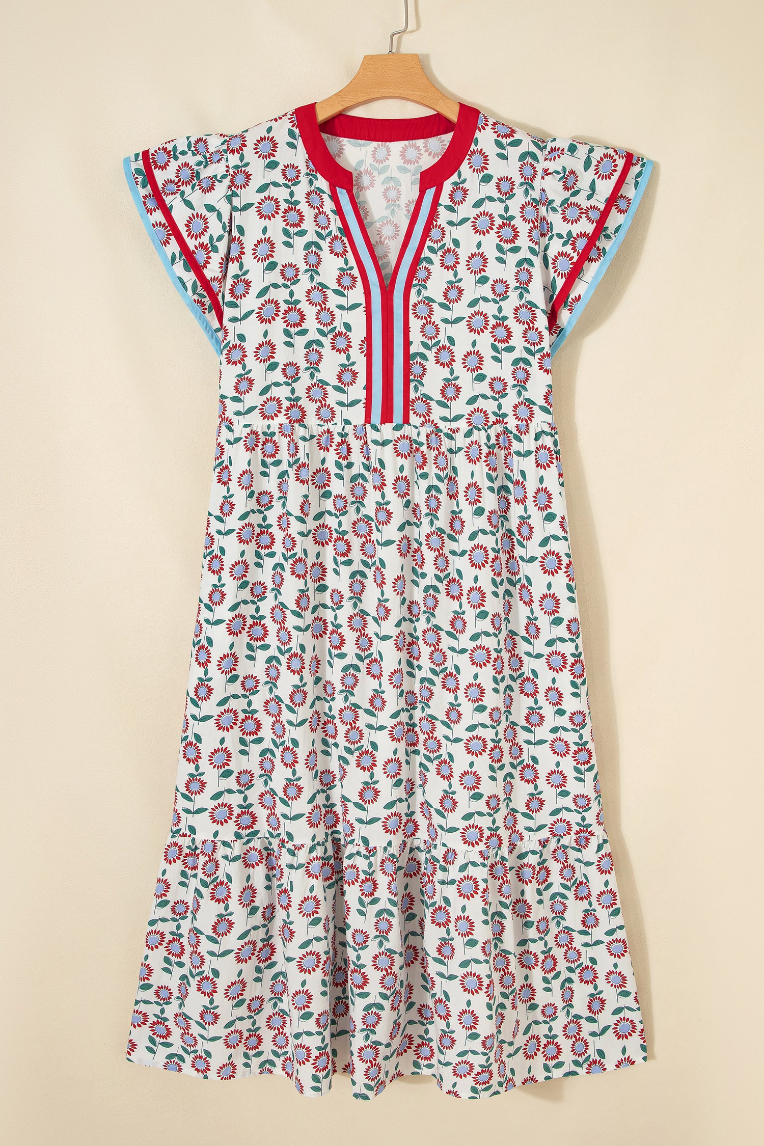 Red Cute Sunflower Printed Striped Patchwork Trim Flutter Sleeve Long Dress