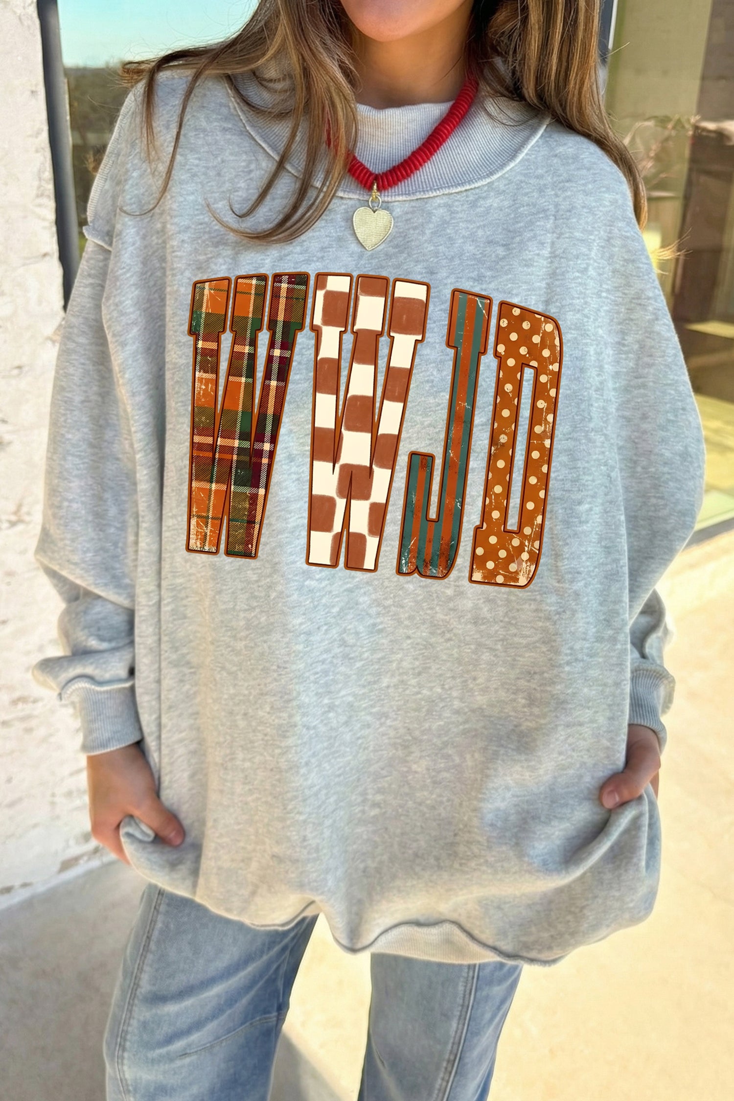 Light Grey WWJD Graphic Mock Neck Oversized Sweatshirt