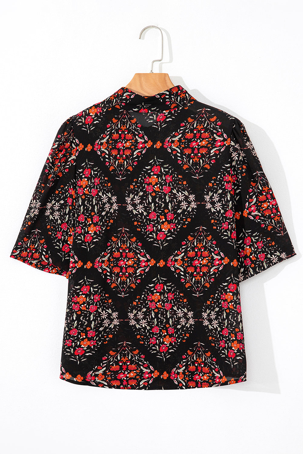 Black Floral Print Wide Short Sleeve Loose Shirt