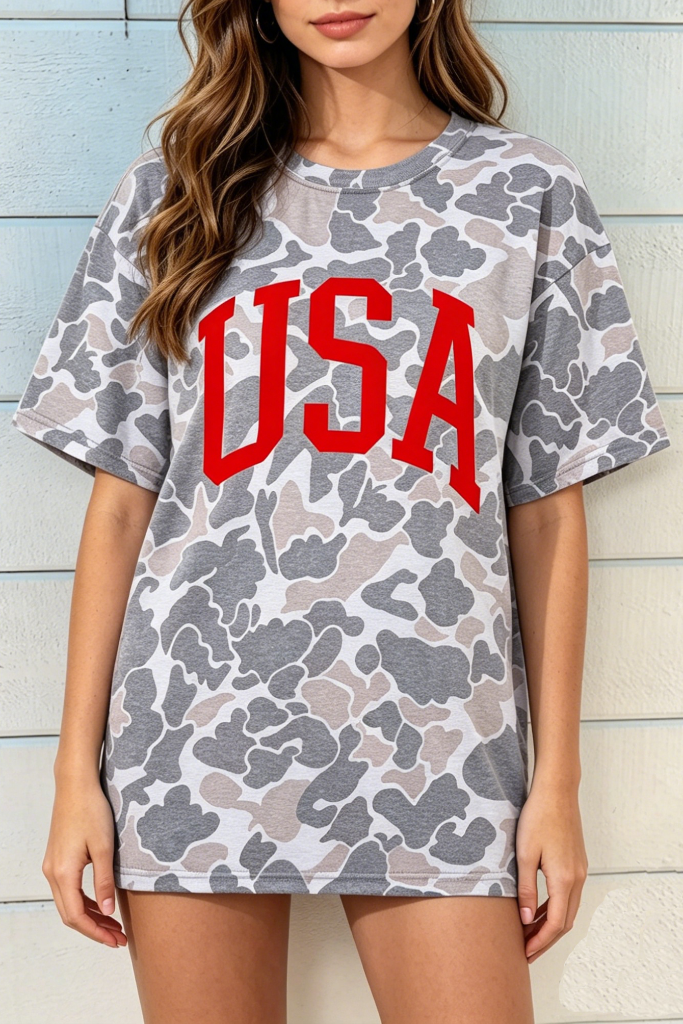 Multicolour Camouflage USA Letter Print Round Neck Shift T Shirt