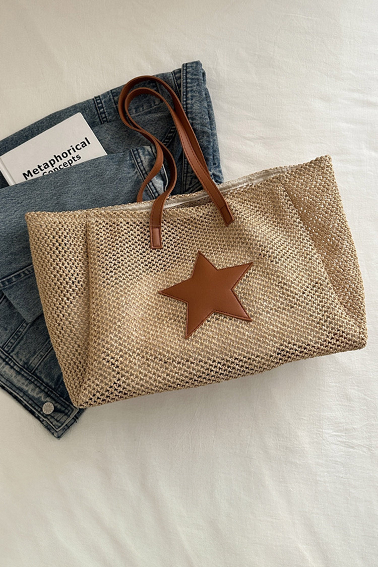 Parchment Boho Straw Woven Contrast Leather Star Detail Tote Bag