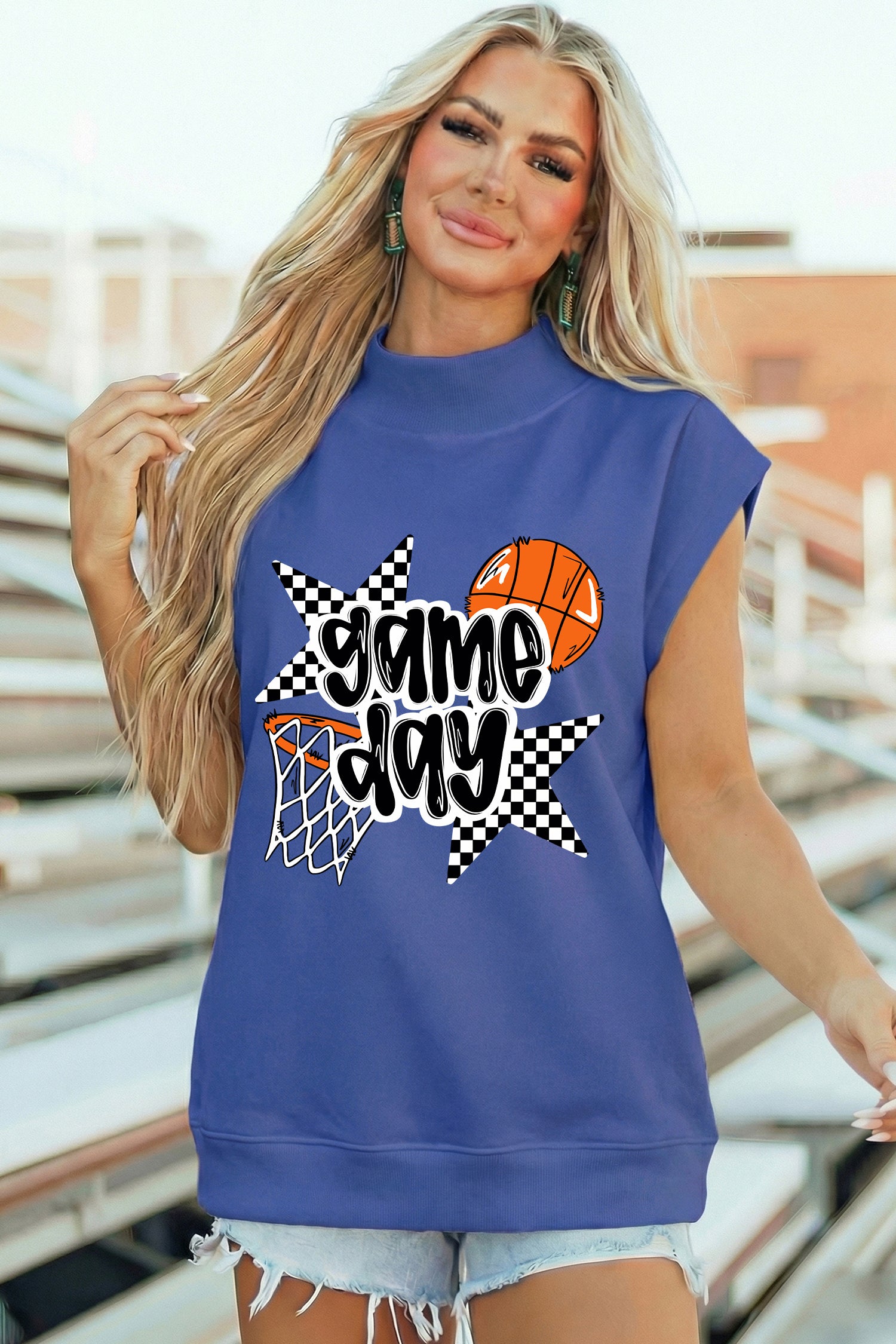 Sky Blue game day Basketball Motif Printed High Neck Tee