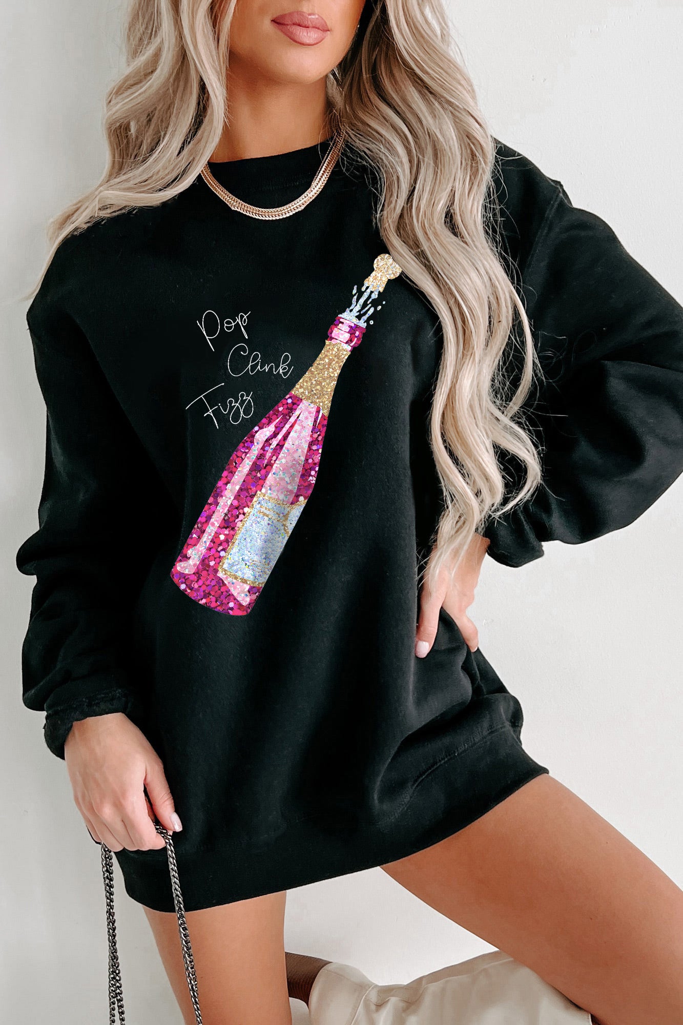 Black New Year Champagne Print Pullover Sweatshirt