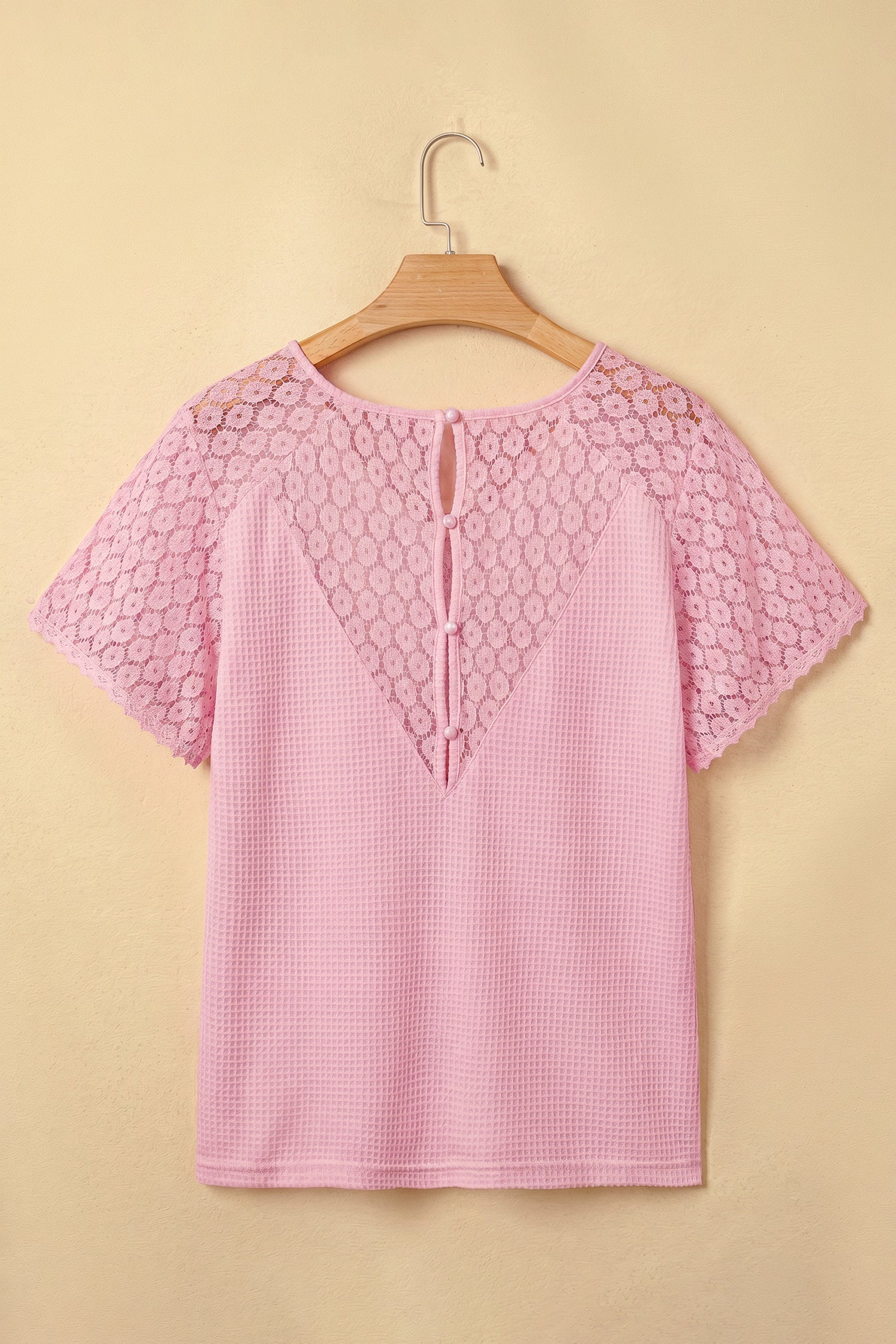 Pink Lace Splicing Button Cutout V Neck Waffle Knit Blouse