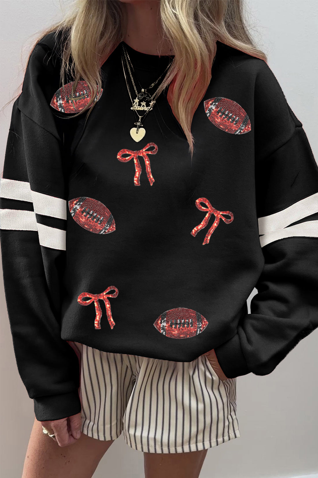 Black Rhinestone Rugby Bow Game Day Sweatshirt