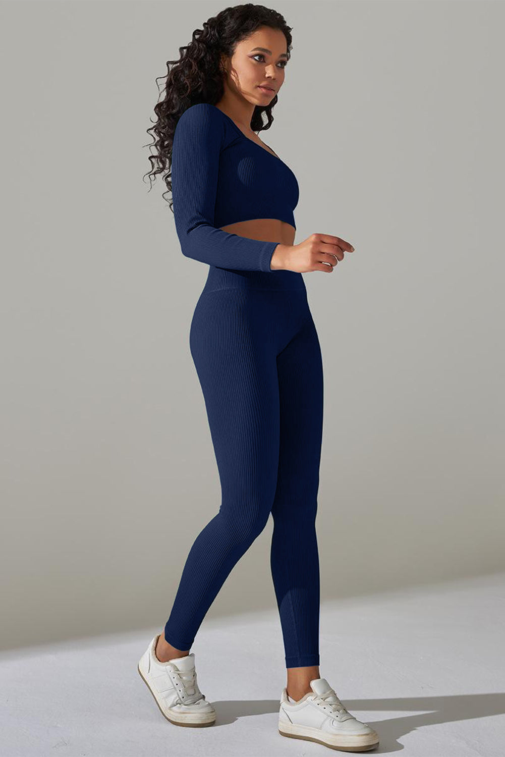 Navy Blue Ribbed Long Sleeve Strappy Square Neck 2pcs Yoga Set