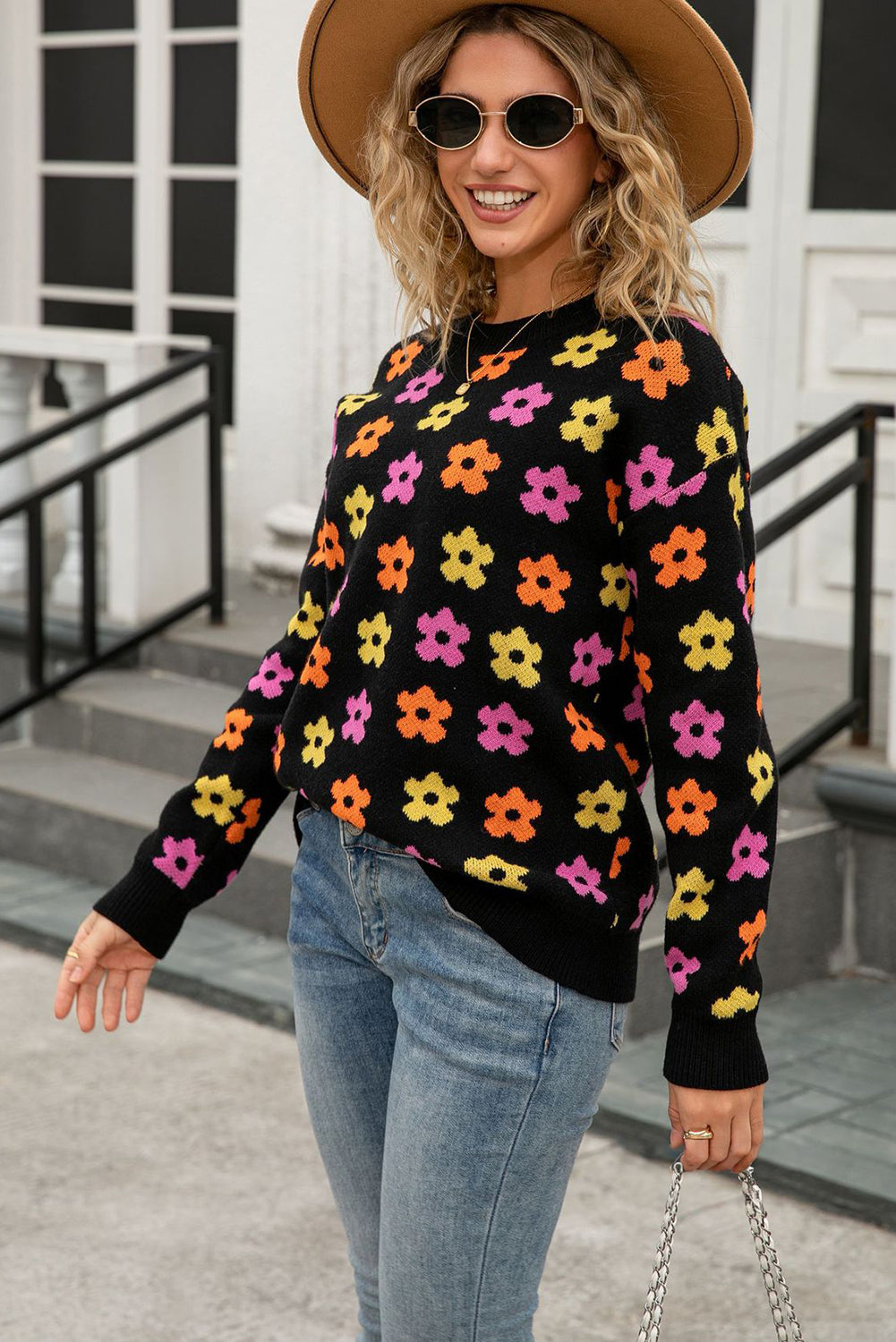 Black Cute Flower Allover Ribbed Trimmed Drop Shoulder Pullover Sweater