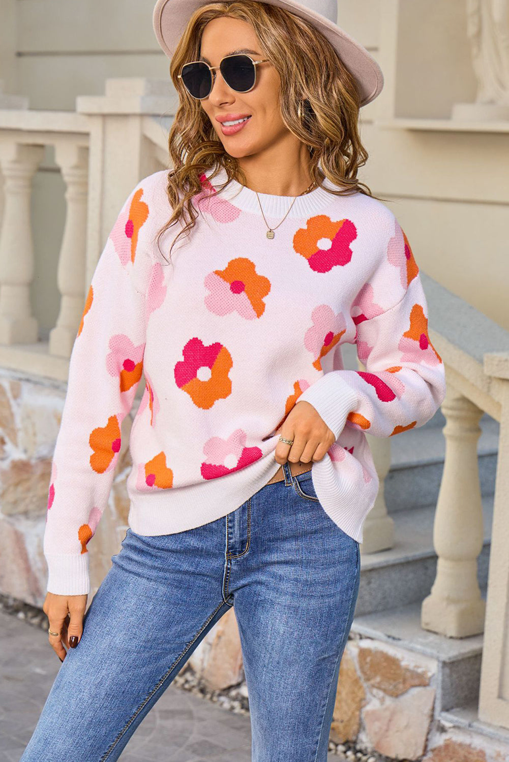White Color Block Flower Cute Pattern Drop Shoulder Bulk Sweater
