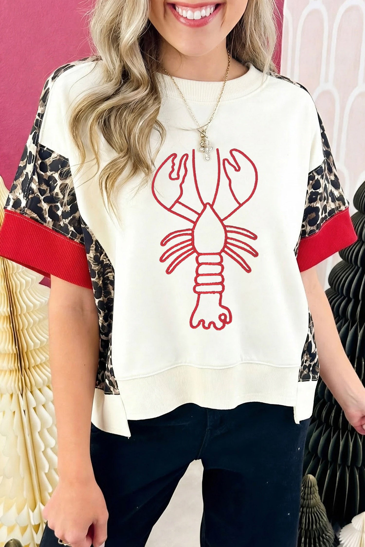 Beige Lobster Embroidery Leopard Print Colorblock Top