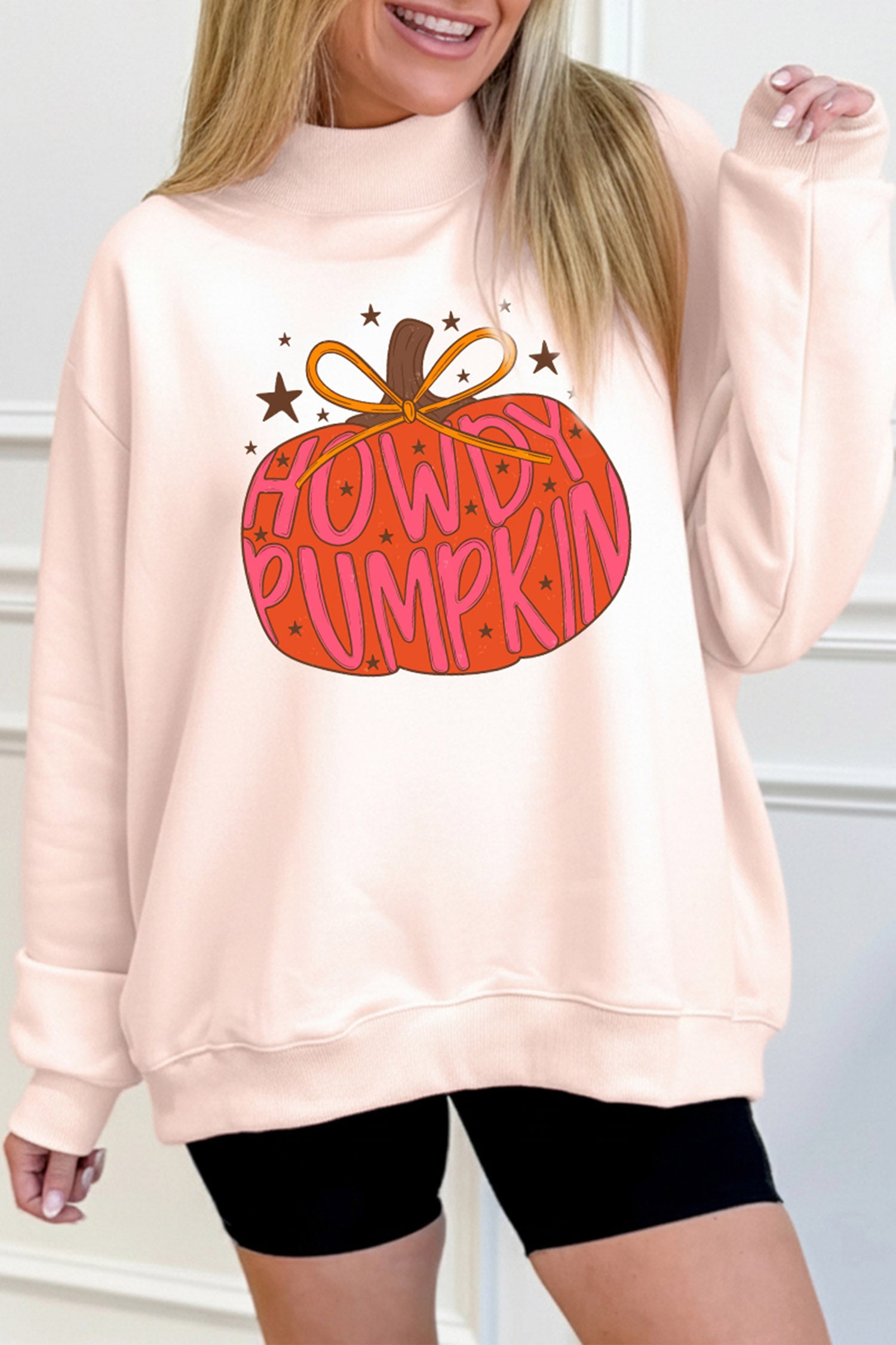Light Pink Blessed Pumpkin Graphic Mock Neck Sweatshirt